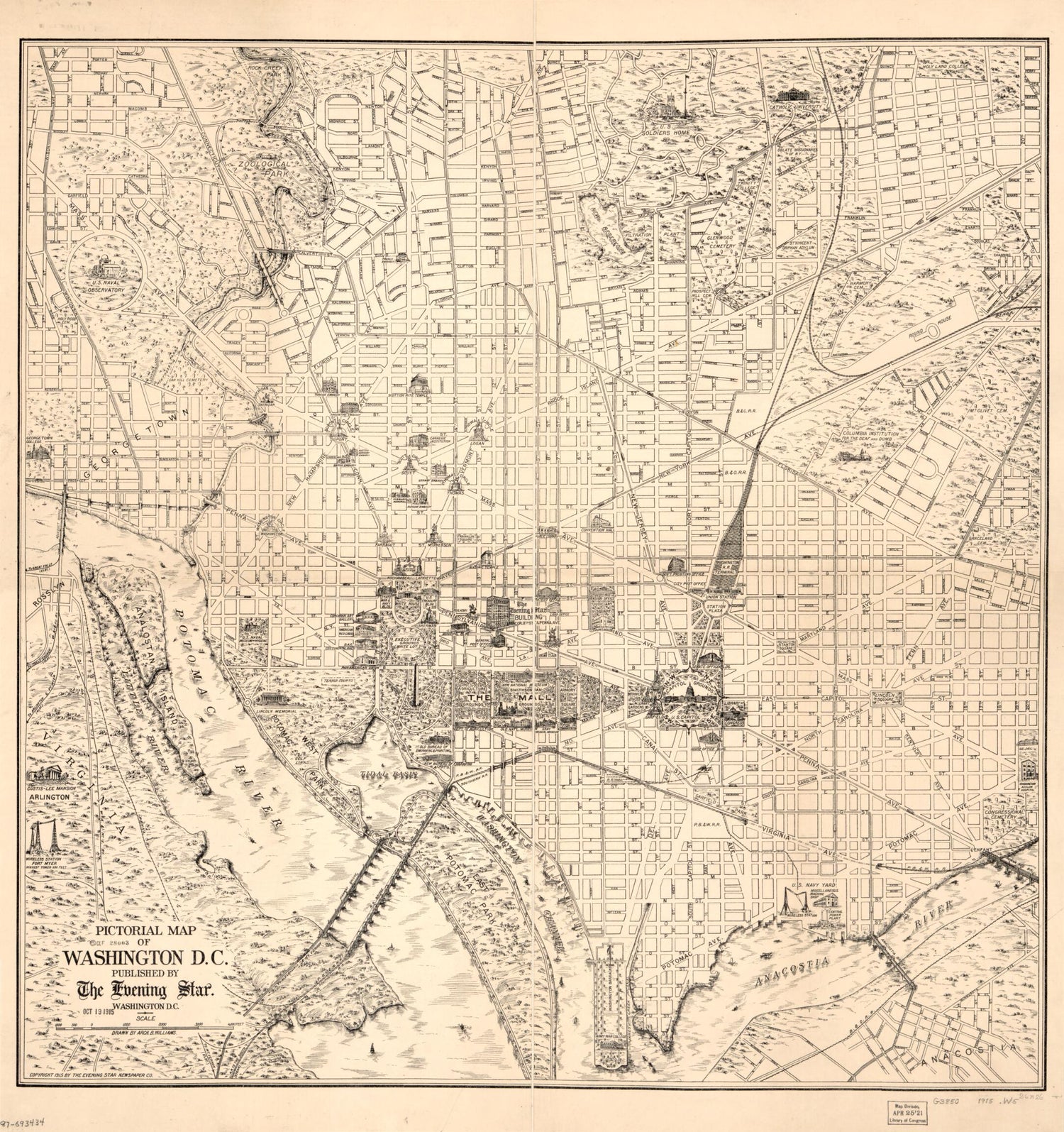 This old map of Pictorial Map of Washington D.C from 1915 was created by  Evening Star Newspaper Co, Arch. B. Williams in 1915