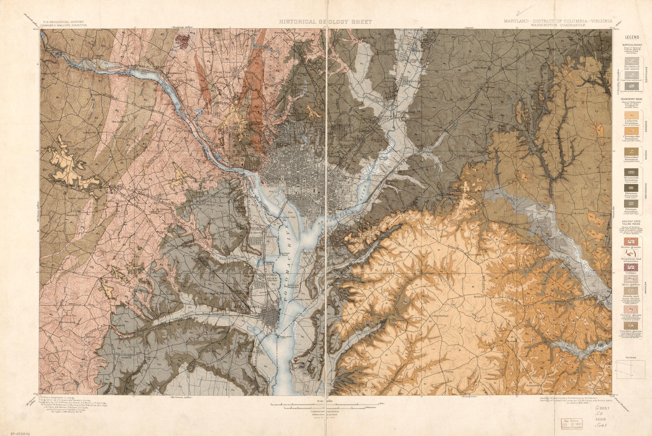 This old map of -District of Columbia--Virginia, Washington Quadrangle from 1899 was created by Nelson Horatio Darton,  Geological Survey (U.S.), Arthur Keith,  U.S. Coast and Geodetic Survey, George Huntington Williams, Herbert M. (Herbert Michael) Wils