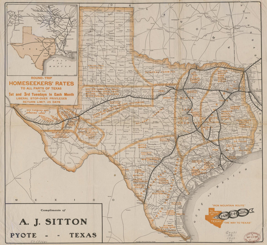 This old map of I. &amp; G.N., T.&amp; P. : Iron Mountain : the Way to Texas from 1909 was created by  Poole Brothers in 1909
