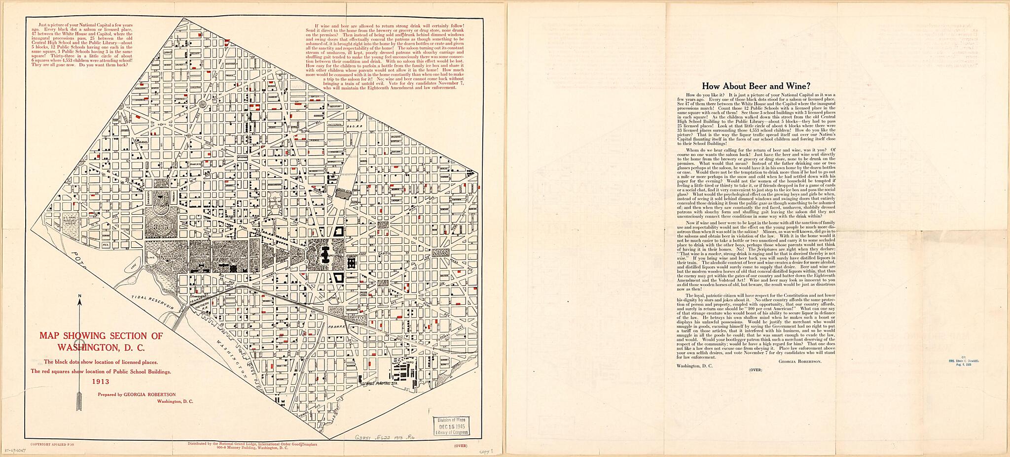 This old map of Map Showing Section of Washington, D.C from 1913 was created by  International Order of Good Templars. National Grand Lodge, Georgia Robertson in 1913