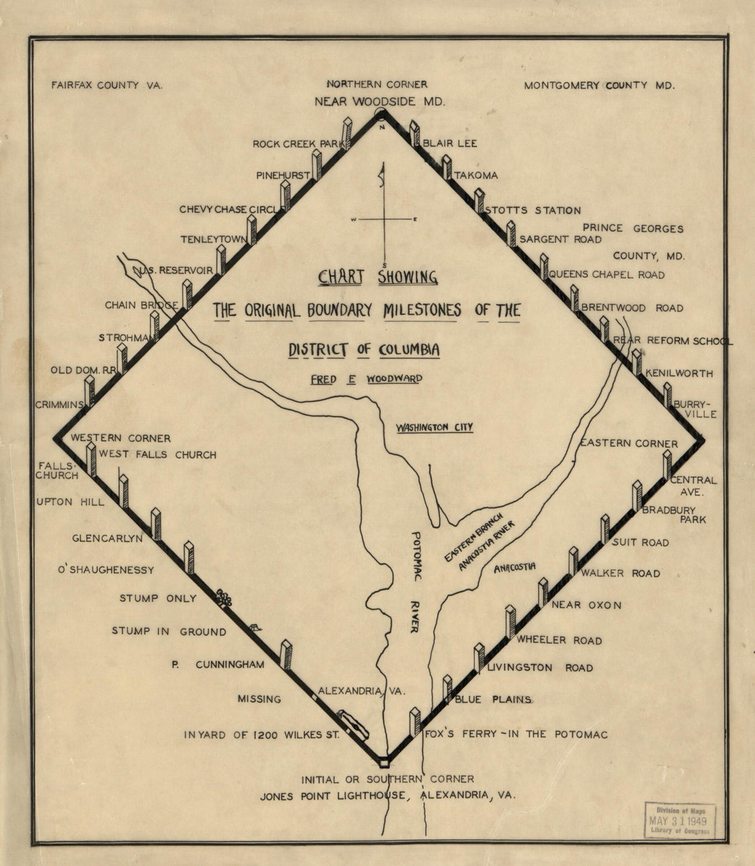 This old map of Chart Showing the Original Boundary Milestones of the District of Columbia from 1906 was created by Fred E. (Fred Eugene) Woodward in 1906