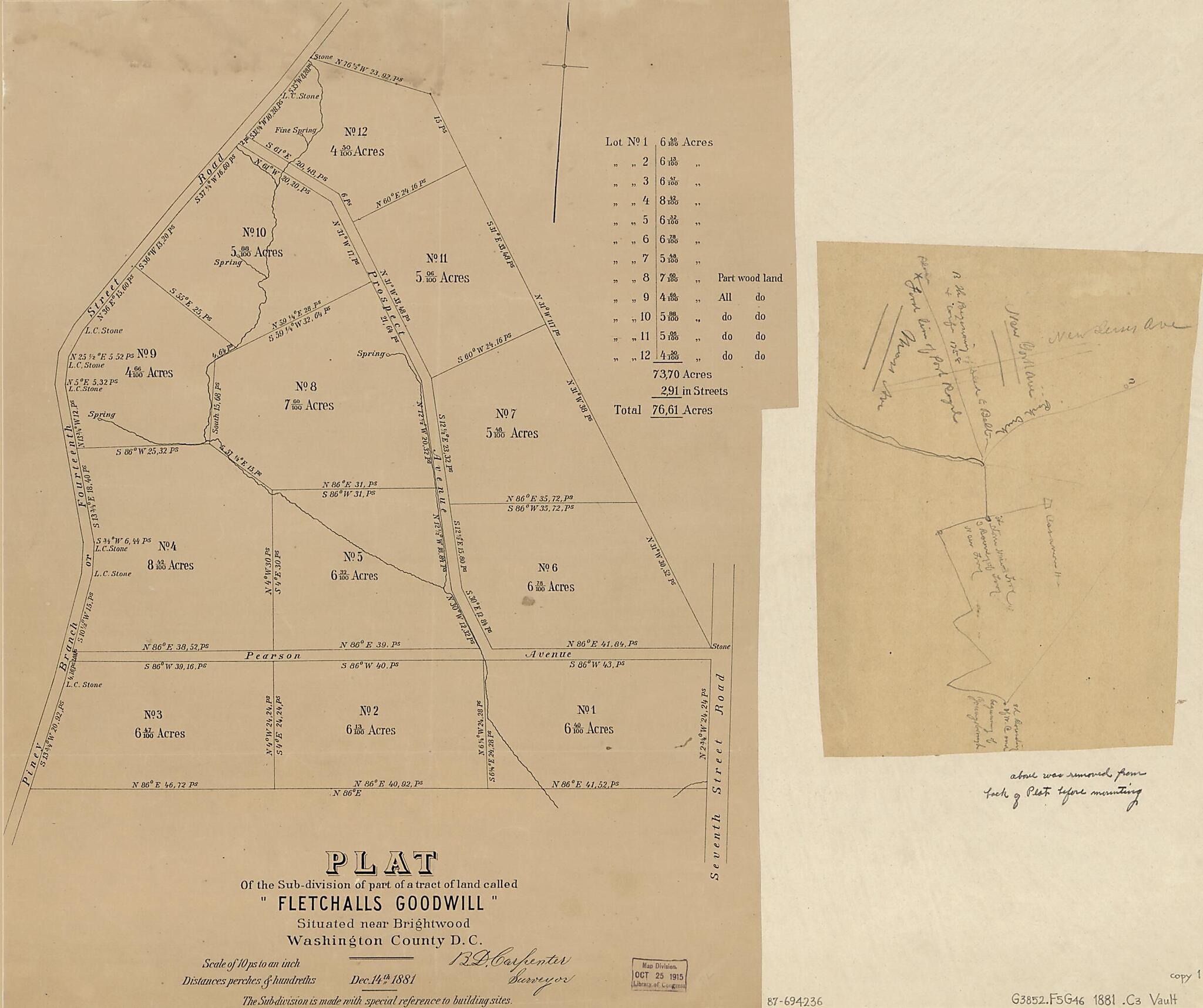 This old map of Division of Part of a Tract of Land Called Fletchalls Goodwill : Situated Near Brightwood, Washington County D.C from 1881 was created by B. D. (Benjamin D.) Carpenter in 1881