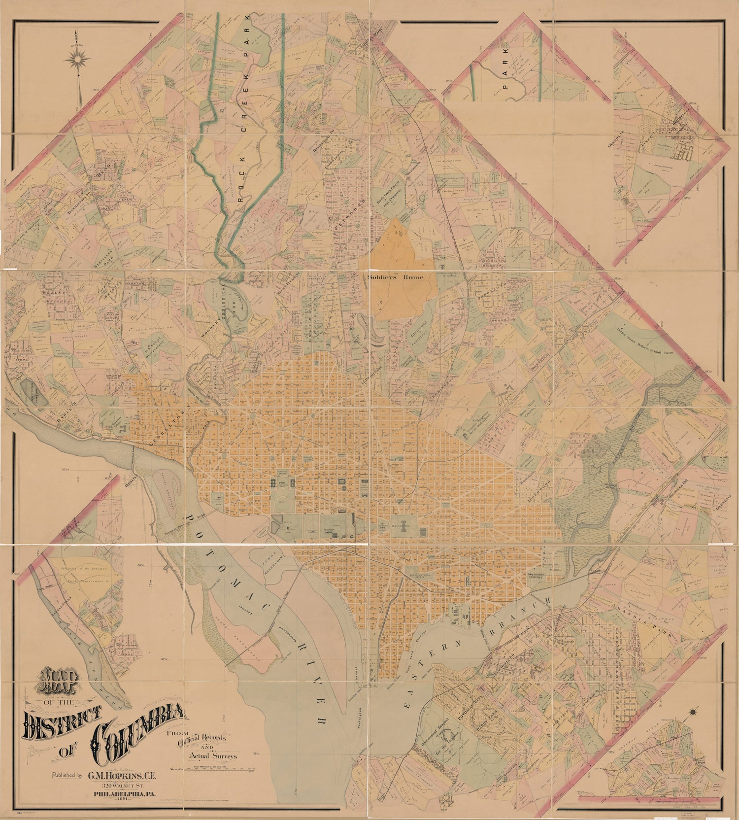 This old map of Map of the District of Columbia from Official Records and Actual Surveys from 1891 was created by Griffith Morgan Hopkins in 1891