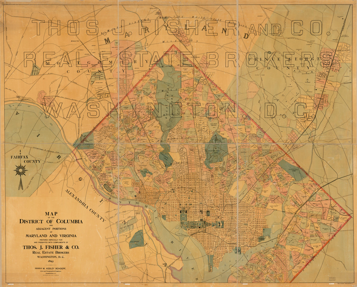 This old map of Map of the District of Columbia and Adjacent Portions of Maryland and Virginia from 1893 was created by Fred. A. Schmidt, W. Kesley Schoepf,  Thos. J. Fisher and Co in 1893