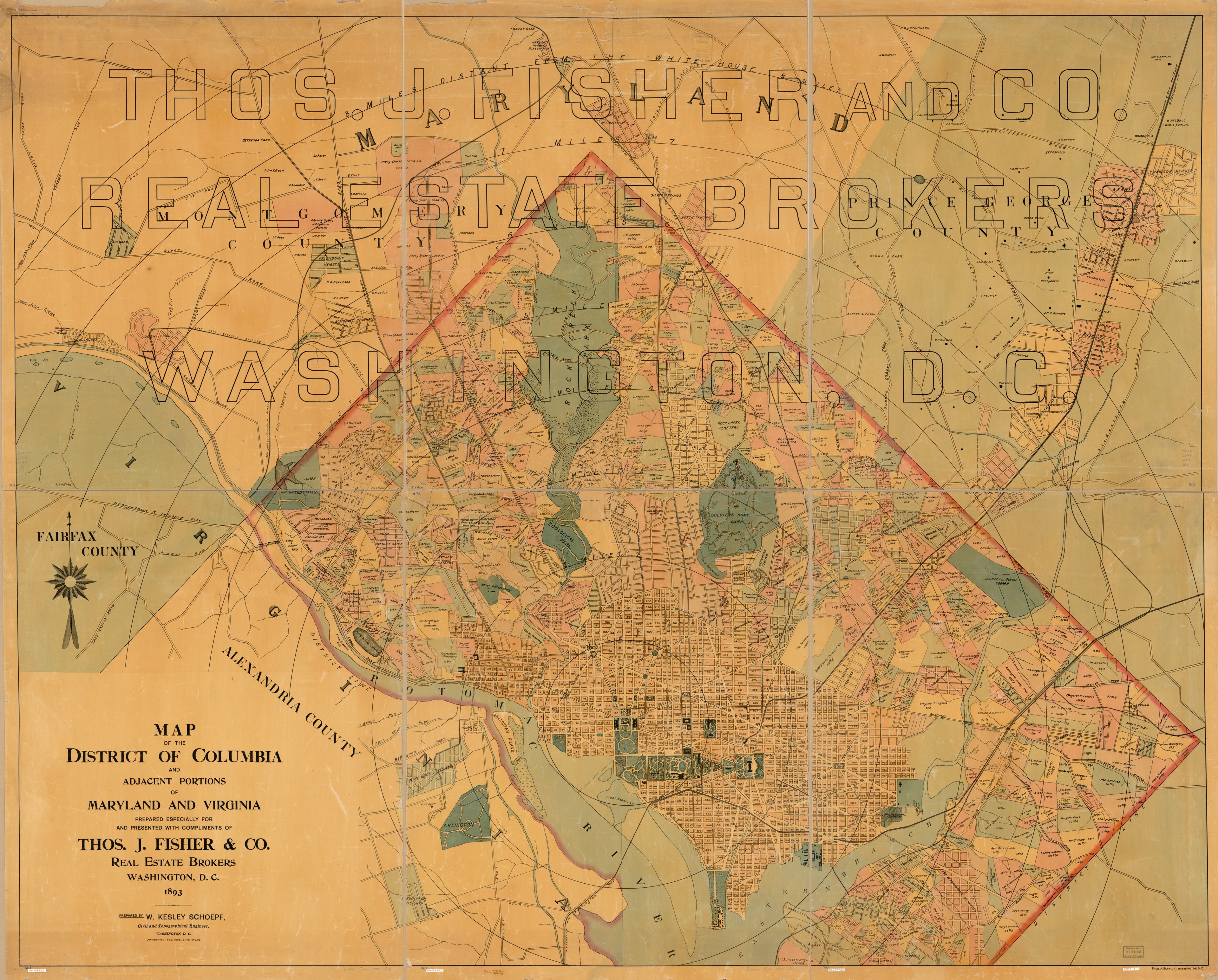 This old map of Map of the District of Columbia and Adjacent Portions of Maryland and Virginia from 1893 was created by Fred. A. Schmidt, W. Kesley Schoepf,  Thos. J. Fisher and Co in 1893