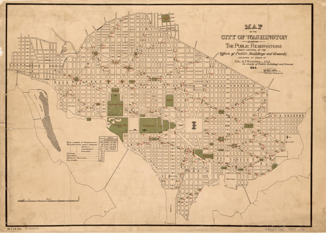 This old map of Map of the City of Washington Showing the Public Reservations Under Control of the Office of Public Buildings and Grounds from 1884 was created by  District of Columbia. Office of the Surveyor, William Forsyth, A. F. Rockwell,  United Sta