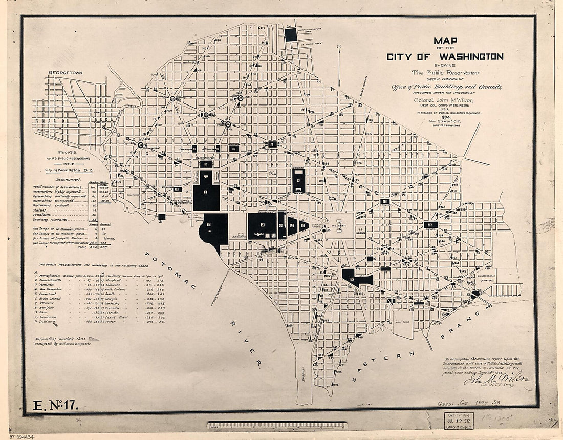 This old map of Map of the City of Washington Showing the Public Reservations Under Control of Office of Public Buildings and Grounds from 1894 was created by John Stewart,  United States. Office of Public Buildings and Grounds, John M. (John Moulder) Wi