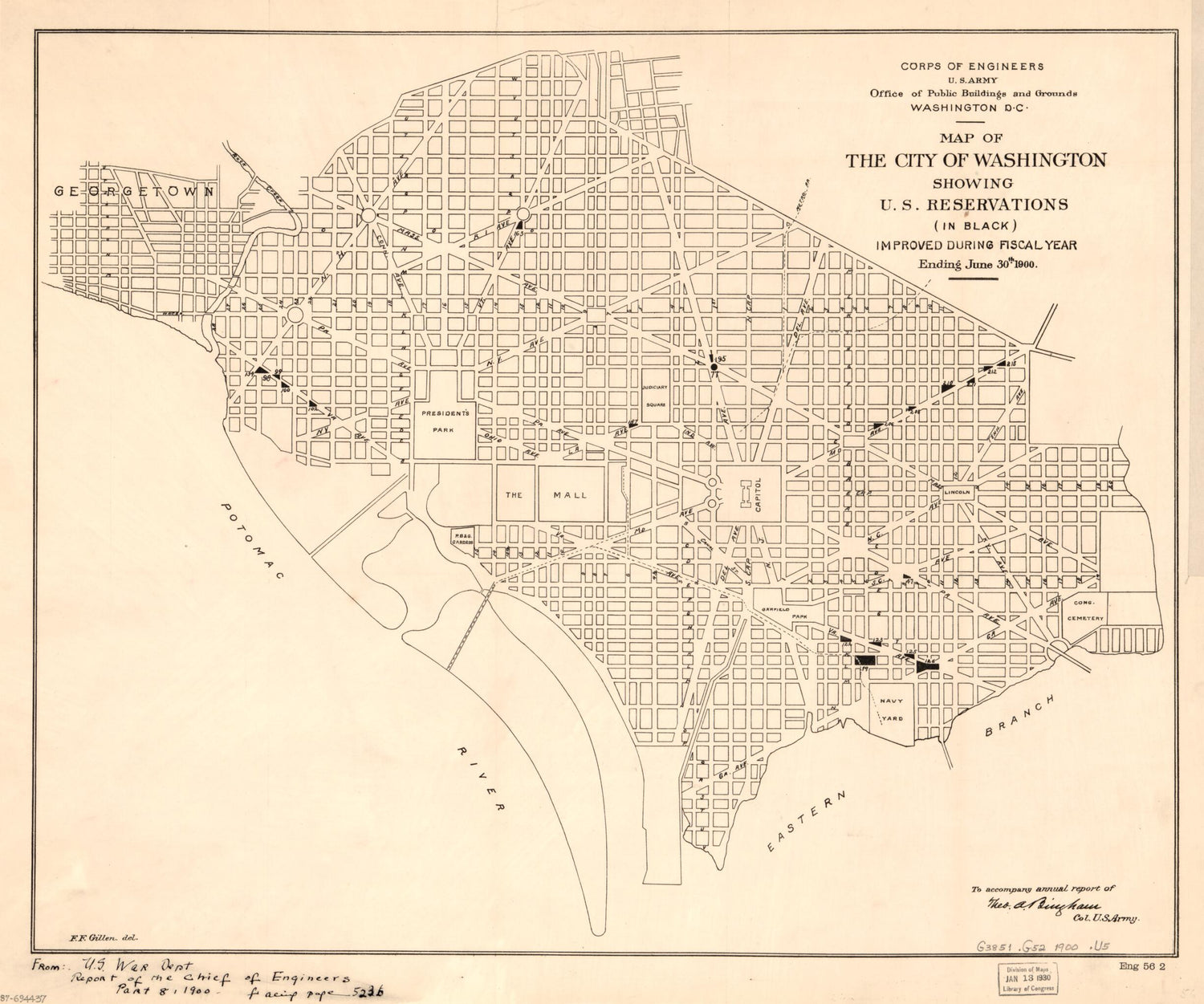 This old map of Map of the City of Washington Showing U.S. Reservations : (in Black) Improved During Fiscal Year Ending June 30th from 1900 was created by Theo. A. (Theodore Alfred) Bingham, F. F. Gillen,  United States. Office of Public Buildings and Gr