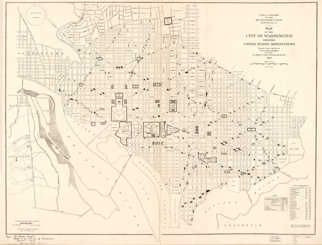 This old map of Map of the City of Washington Showing United States Reservations from 1900 was created by Theo. A. (Theodore Alfred) Bingham, F. F. Gillen, F. D. Owen,  United States. Office of Public Buildings and Grounds in 1900