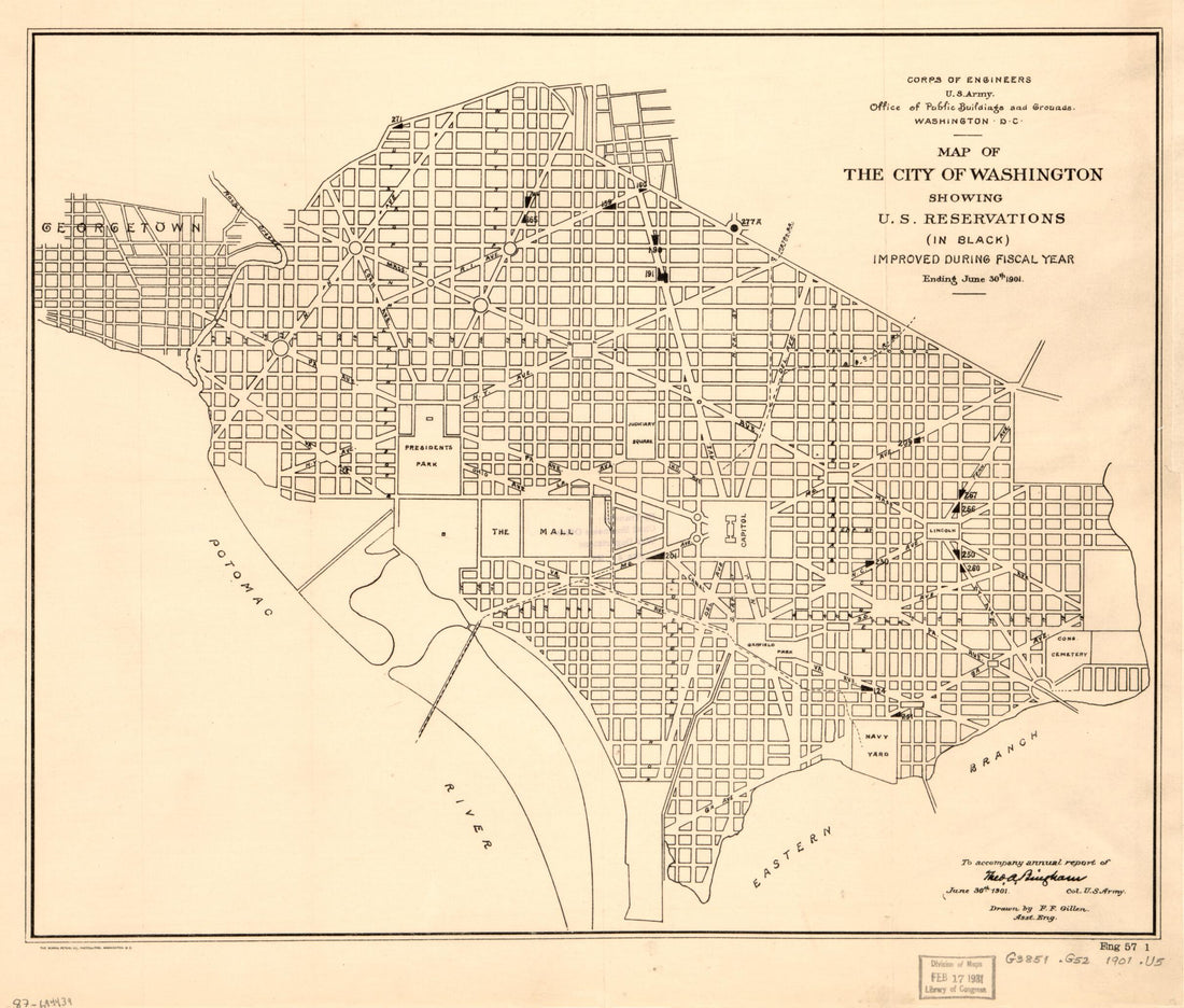 This old map of Map of the City of Washington Showing U.S. Reservations : (in Black) Improved During Fiscal Year Ending June 30th from 1901 was created by Theo. A. (Theodore Alfred) Bingham, F. F. Gillen,  United States. Office of Public Buildings and Gr