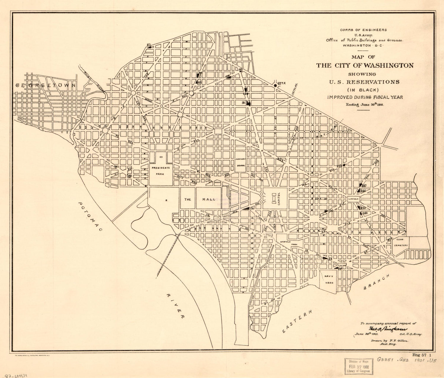 This old map of Map of the City of Washington Showing U.S. Reservations : (in Black) Improved During Fiscal Year Ending June 30th from 1901 was created by Theo. A. (Theodore Alfred) Bingham, F. F. Gillen,  United States. Office of Public Buildings and Gr