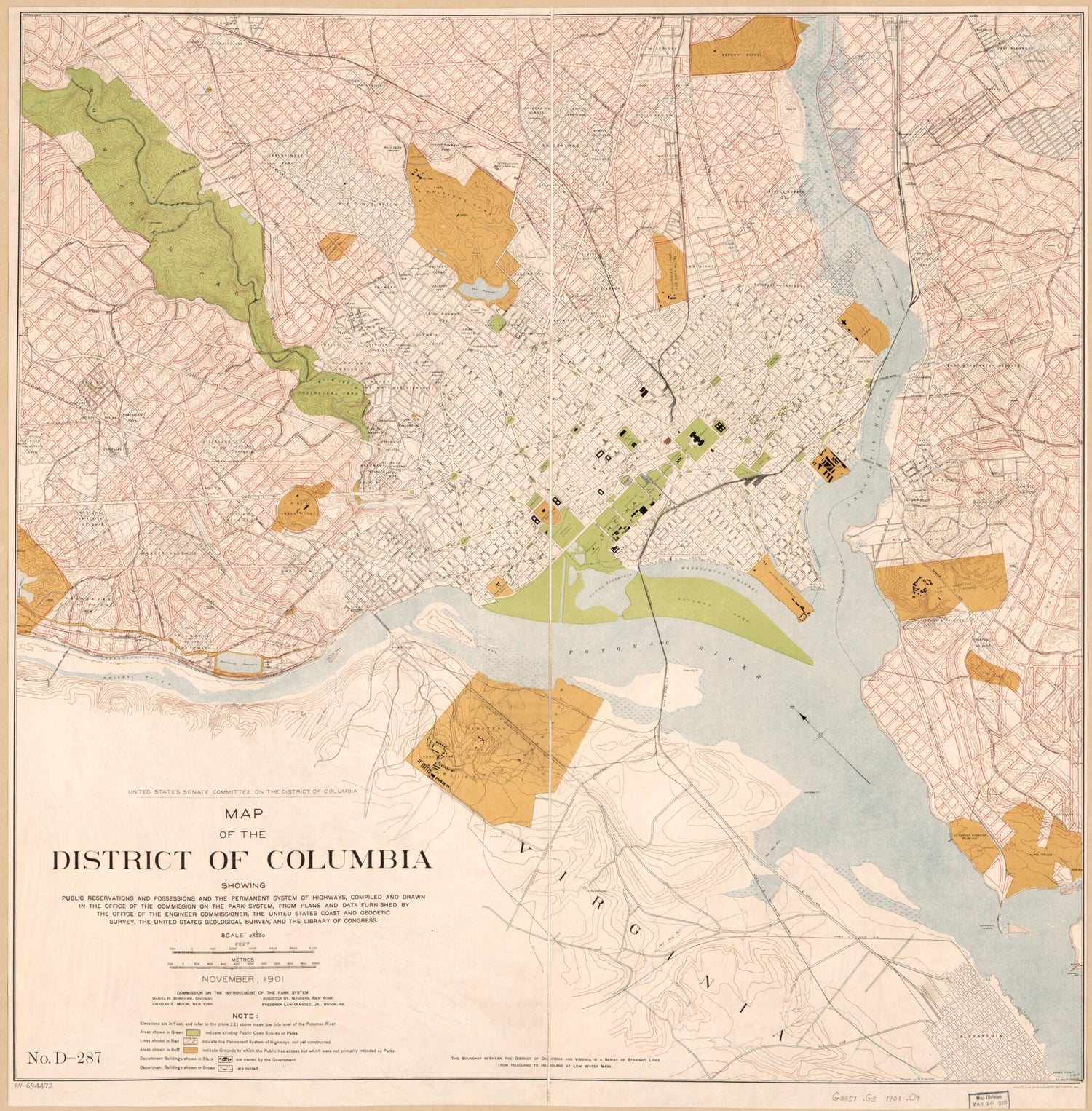 This old map of Map of the District of Columbia Showing Public Reservations and Possessions and the Permanent System of Highways from 1901 was created by  District of Columbia. Commission on the Improvement of the Park System, R. A. Outhet,  United State