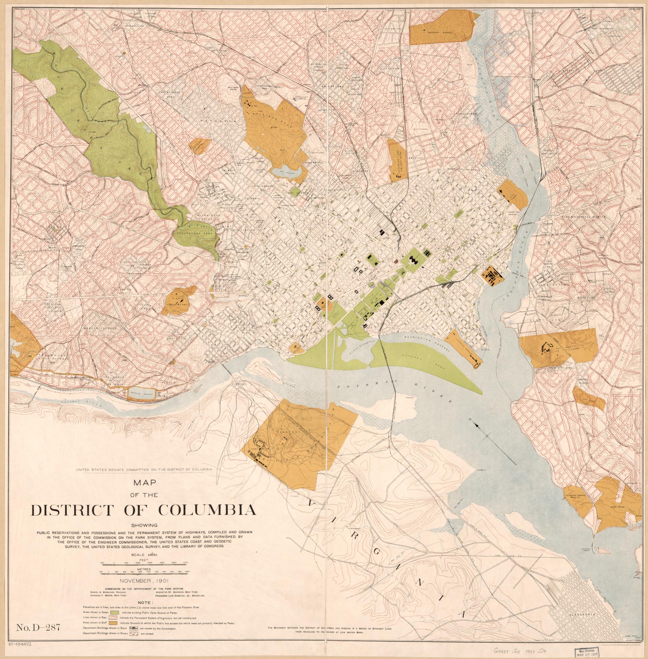 This old map of Map of the District of Columbia Showing Public Reservations and Possessions and the Permanent System of Highways from 1901 was created by  District of Columbia. Commission on the Improvement of the Park System, R. A. Outhet,  United State