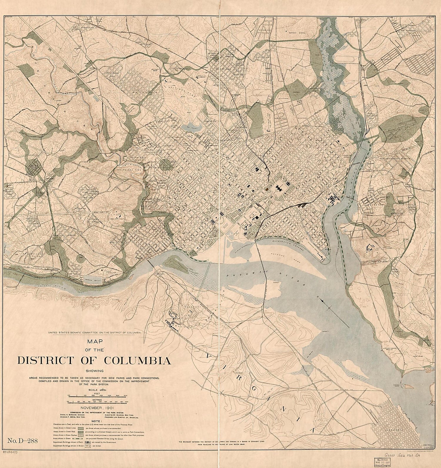 This old map of Map of the District of Columbia Showing Areas Recommended to Be Taken As Necessary for New Parks and Park Connections from 1901 was created by  District of Columbia. Commission on the Improvement of the Park System, R. A. Outhet,  United 
