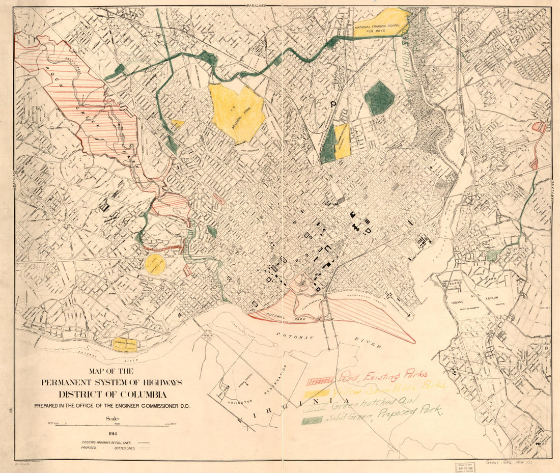 This old map of Map of the Permanent System of Highways, District of Columbia from 1914 was created by  Office of the Engineer Commissioner D.C. in 1914