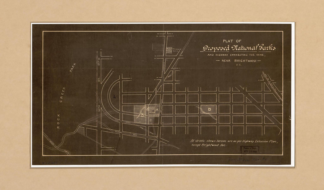 This old map of Plat of Proposed National Parks and Highway Connecting the Same Near Brightwood D.C from 1900 was created by  in 1900