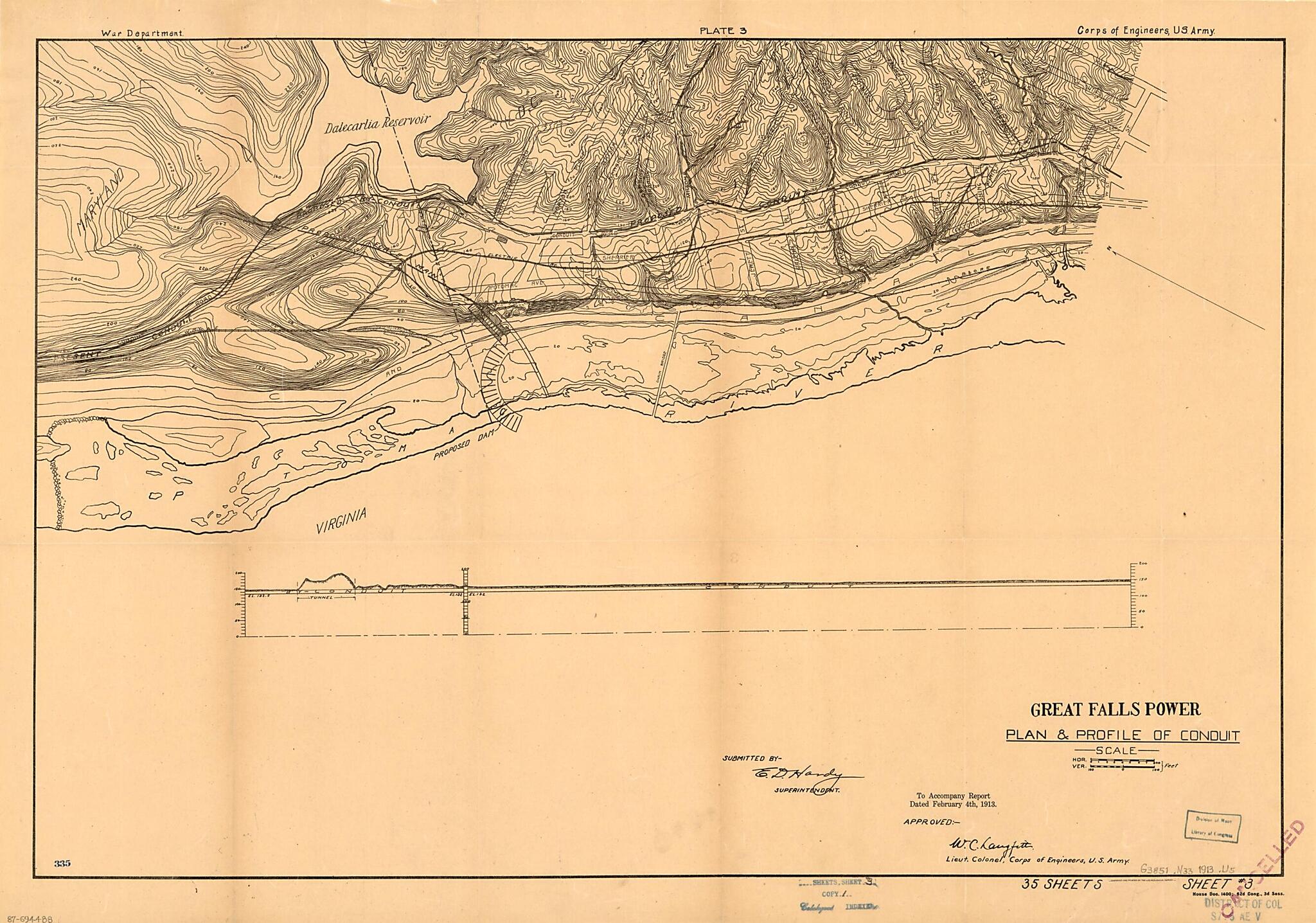 This old map of Great Falls Power, Plan &amp; Profile of Conduit from 1913 was created by  Geological Survey (U.S.), E. D. Hardy,  United States. Army. Corps of Engineers,  United States. Congress House in 1913