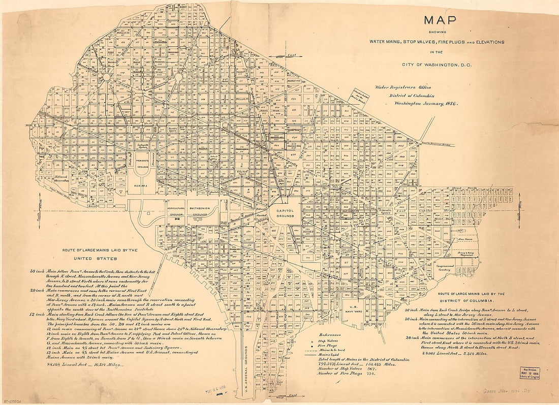 This old map of Map Showing Water Mains, Stop Valves, Fire Plugs, and Elevations In the City of Washington, D.C from 1876 was created by  District of Columbia. Water Registrars Office in 1876