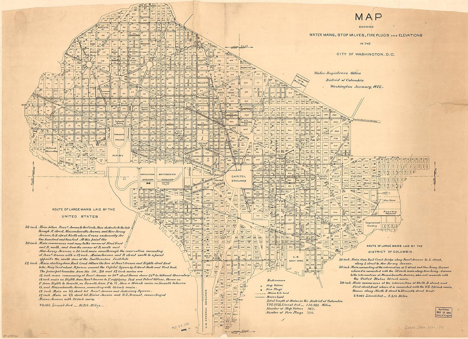 This old map of Map Showing Water Mains, Stop Valves, Fire Plugs, and Elevations In the City of Washington, D.C from 1876 was created by  District of Columbia. Water Registrars Office in 1876