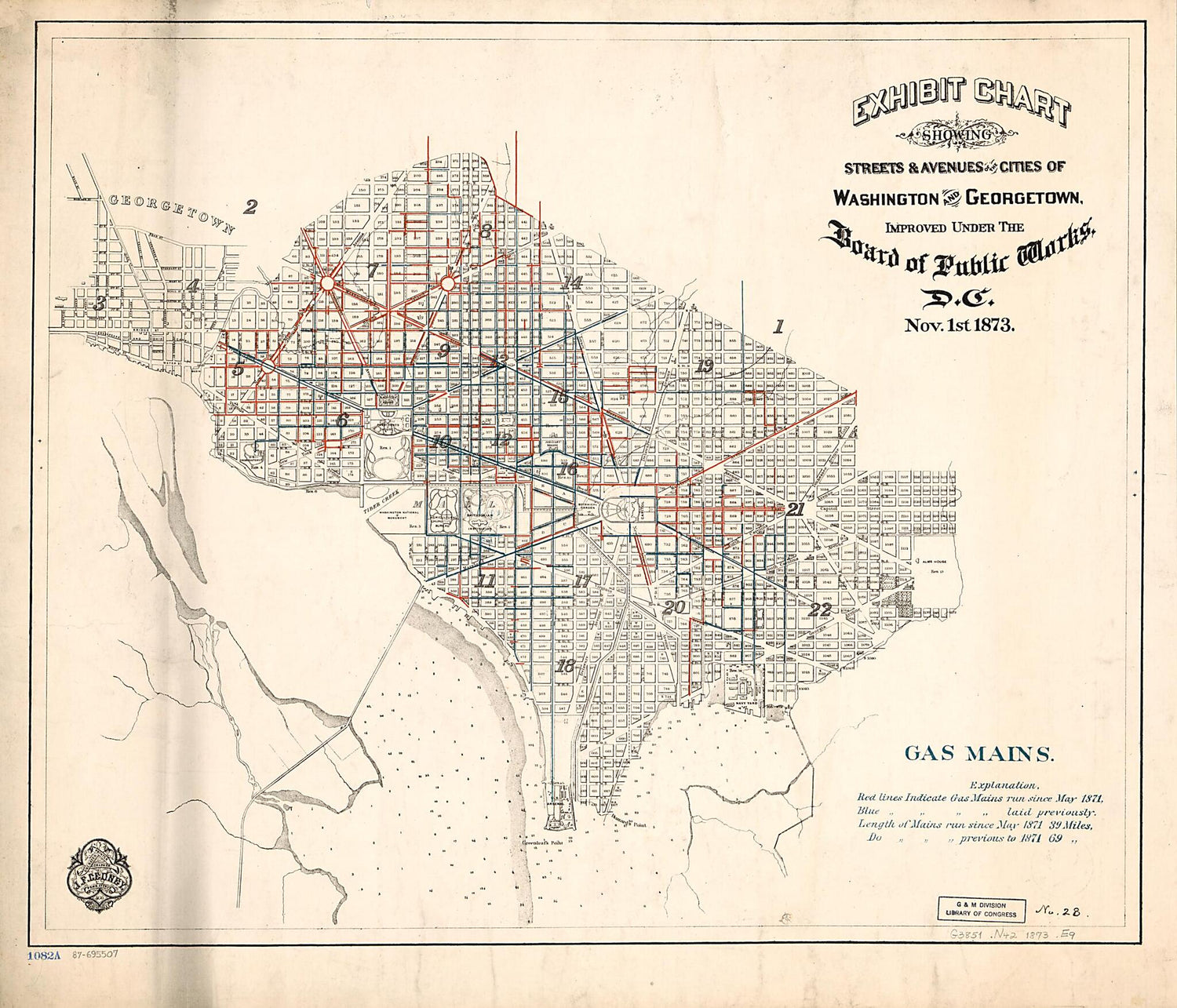 This old map of Exhibit Chart Showing Streets &amp; Avenues of the Cities of Washington and Georgetown, Improved Under the Board of Public Works, D.C. : Nov. 1st from 1873 : Gas Mains was created by  District of Columbia. Board of Public Works, J. F. Gedney 