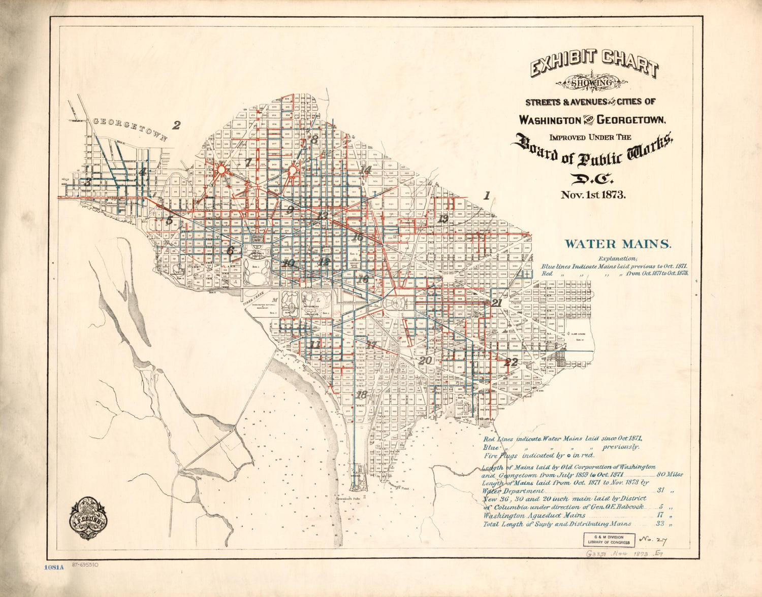 This old map of Exhibit Chart Showing Streets &amp; Avenues of the Cities of Washington and Georgetown, Improved Under the Board of Public Works, D.C. : Nov. 1st from 1873 : Water Mains was created by  District of Columbia. Board of Public Works, J.F. Gedney