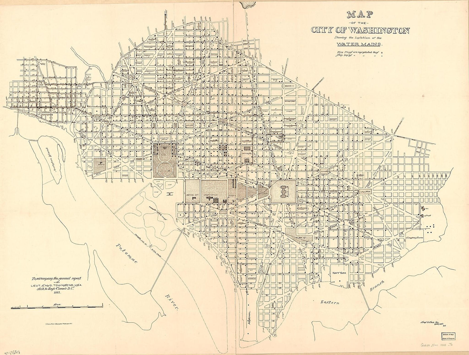 This old map of Map of the City of Washington Showing the Location of the Water Mains from 1885 was created by Chas. D. (Charles D.) Cole,  District of Columbia. Engineer Department,  Office of the Engineer Commissioner D.C., C. McD. (Curtis McDonald) To