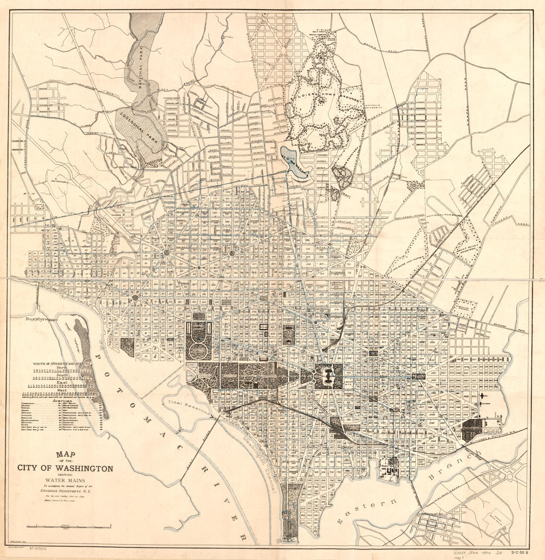 This old map of Map of the City of Washington Showing Water Mains : to Accompany the Annual Report of the Engineer Department, D.C., for the Year Ending June 30, from 1894 was created by  District of Columbia. Engineer Department, G. M. Lukesh in 1894