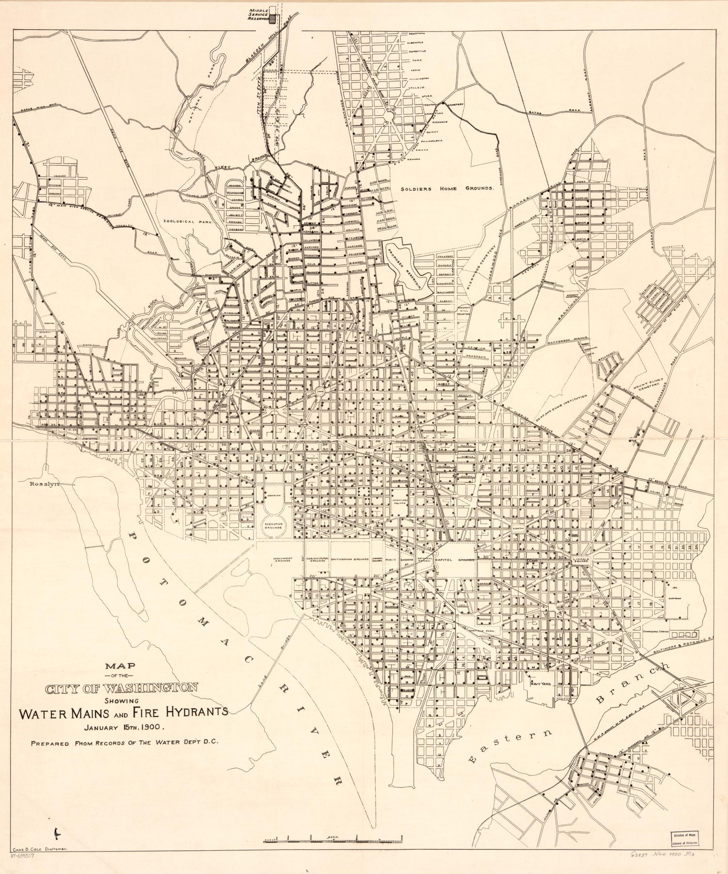 This old map of Map of the City of Washington Showing Water Mains and Fire Hydrants : January 15th from 1900 was created by Chas. D. (Charles D.) Cole,  District of Columbia. Water Department in 1900