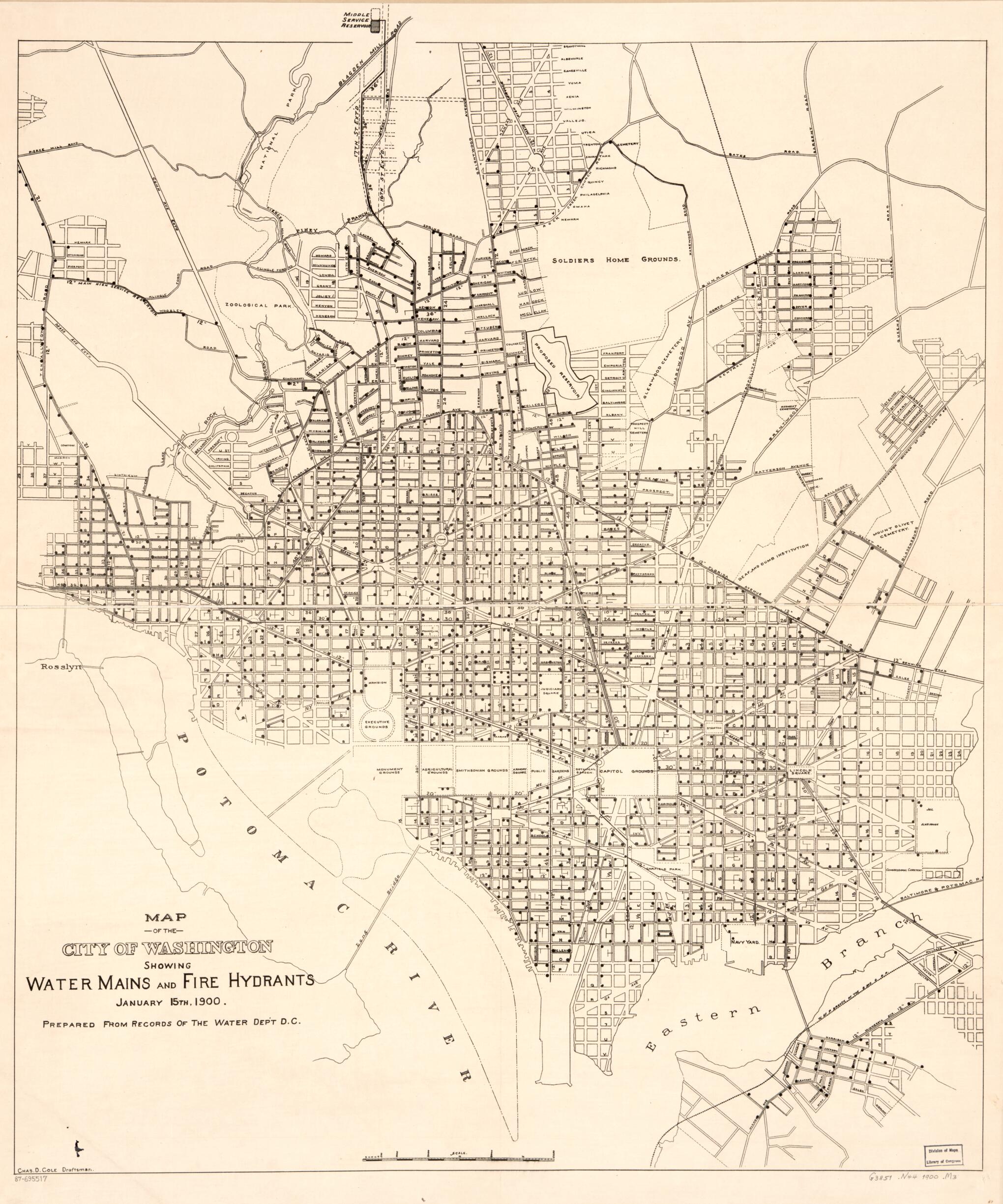 This old map of Map of the City of Washington Showing Water Mains and Fire Hydrants : January 15th from 1900 was created by Chas. D. (Charles D.) Cole,  District of Columbia. Water Department in 1900