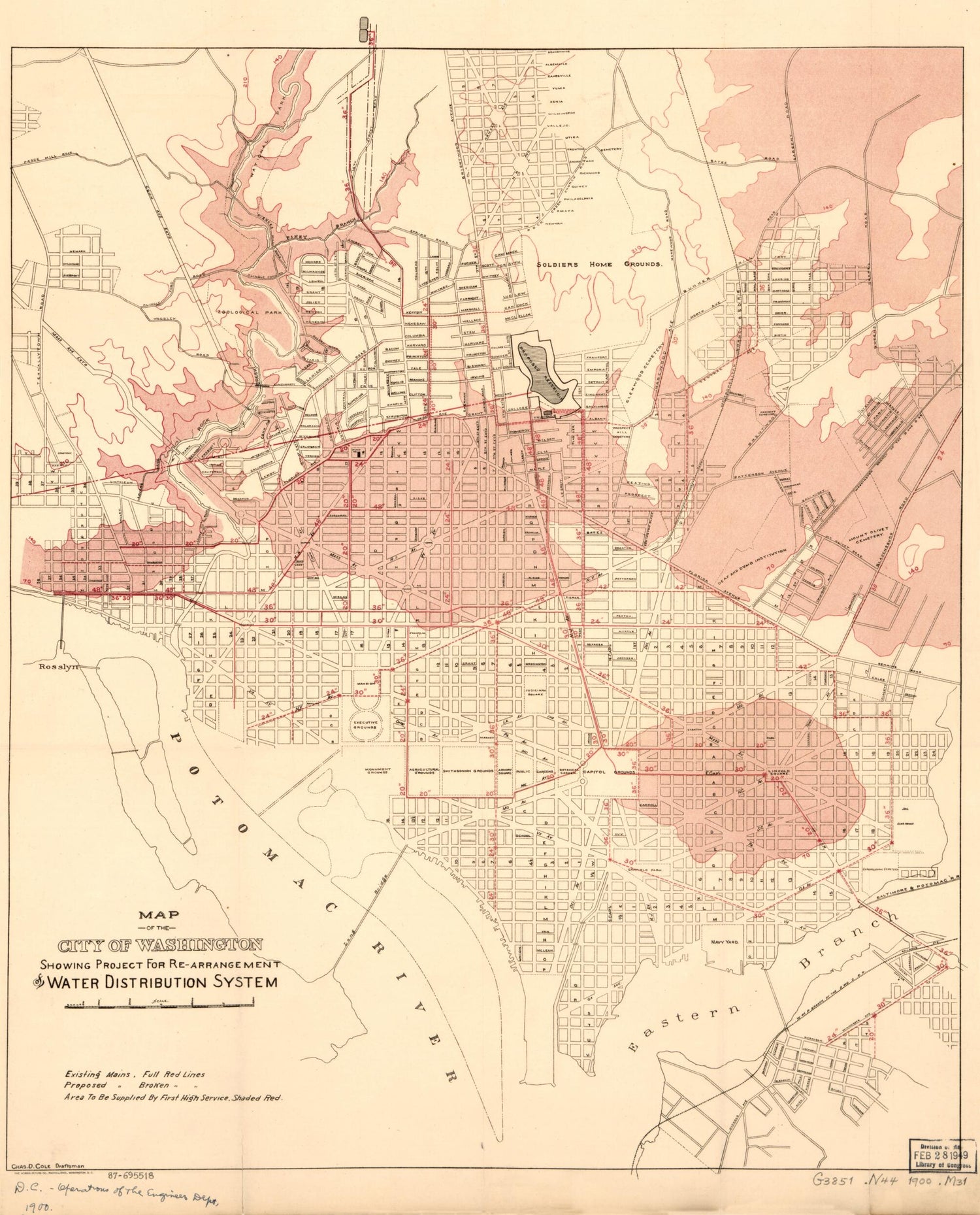 This old map of Arrangement of Water Distribution System from 1900 was created by Chas. D. (Charles D.) Cole,  District of Columbia. Engineer Department in 1900