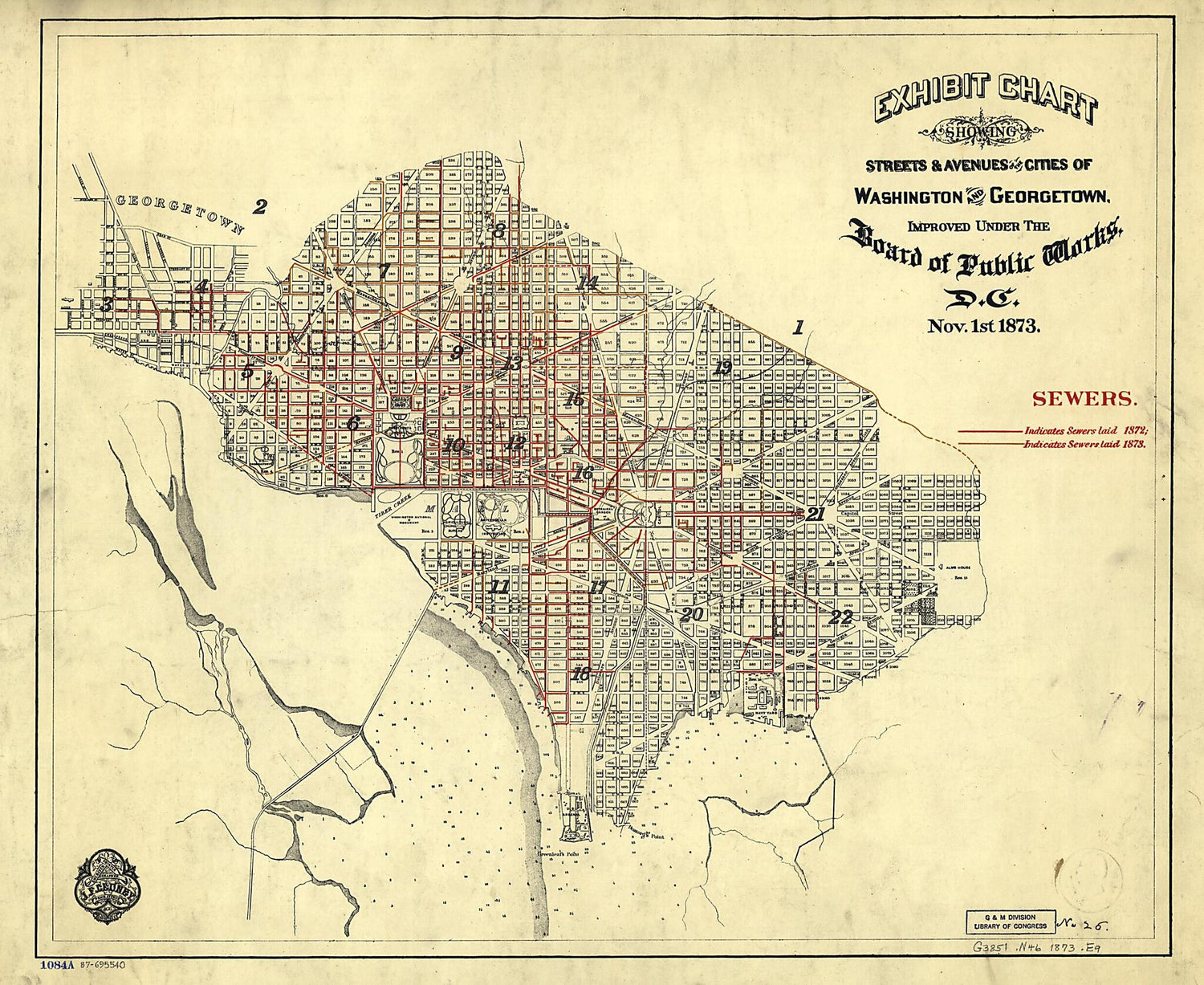 This old map of Exhibit Chart Showing Streets &amp; Avenues of the Cities of Washington and Georgetown, Improved Under the Board of Public Works, D.C. : Nov. 1st from 1873 : Sewers was created by  District of Columbia. Board of Public Works, J. F. Gedney in 