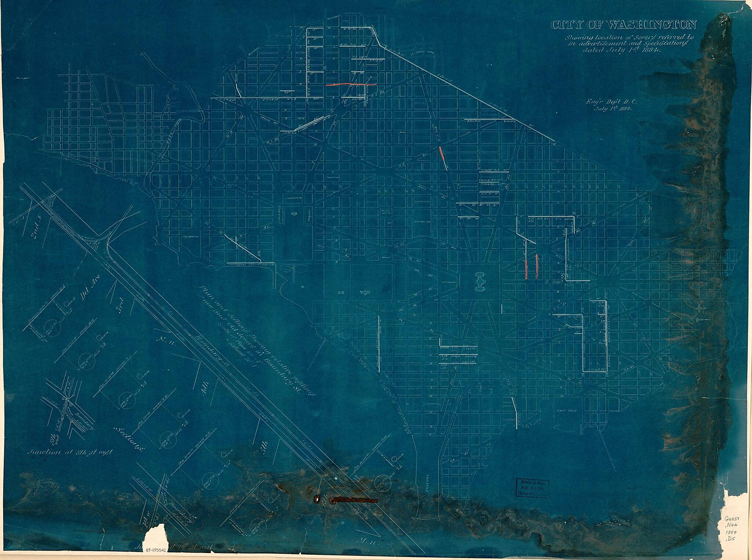 This old map of City of Washington Showing Location of Sewers Referred to In Advertisement and Specifications Dated July 1st from 1884 was created by  District of Columbia. Engineer Department in 1884