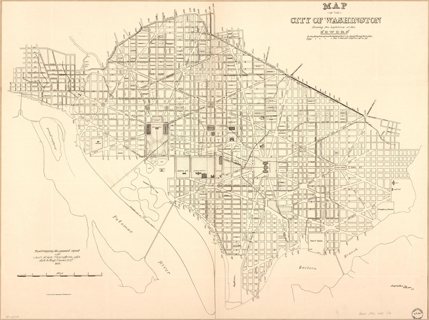 This old map of Map of the City of Washington Showing the Location of the Sewers from 1885 was created by Chas. D. (Charles D.) Cole,  District of Columbia. Engineer Department,  Office of the Engineer Commissioner D.C., C. McD. (Curtis McDonald) Townsen