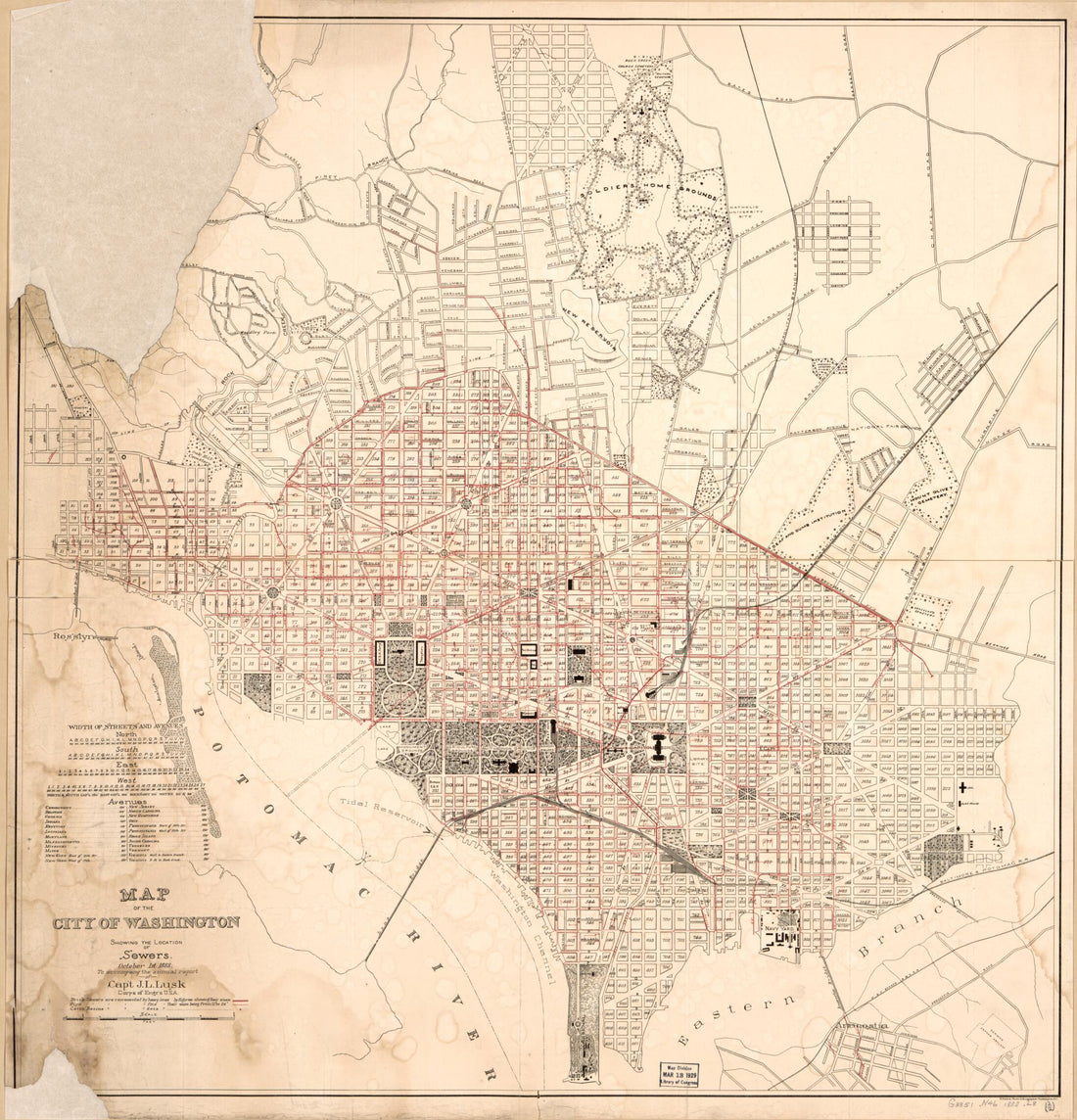 This old map of Map of the City of Washington Showing the Location of Sewers : October 1st from 1888 was created by J. L. (James Loring) Lusk,  United States. Army. Corps of Engineers in 1888