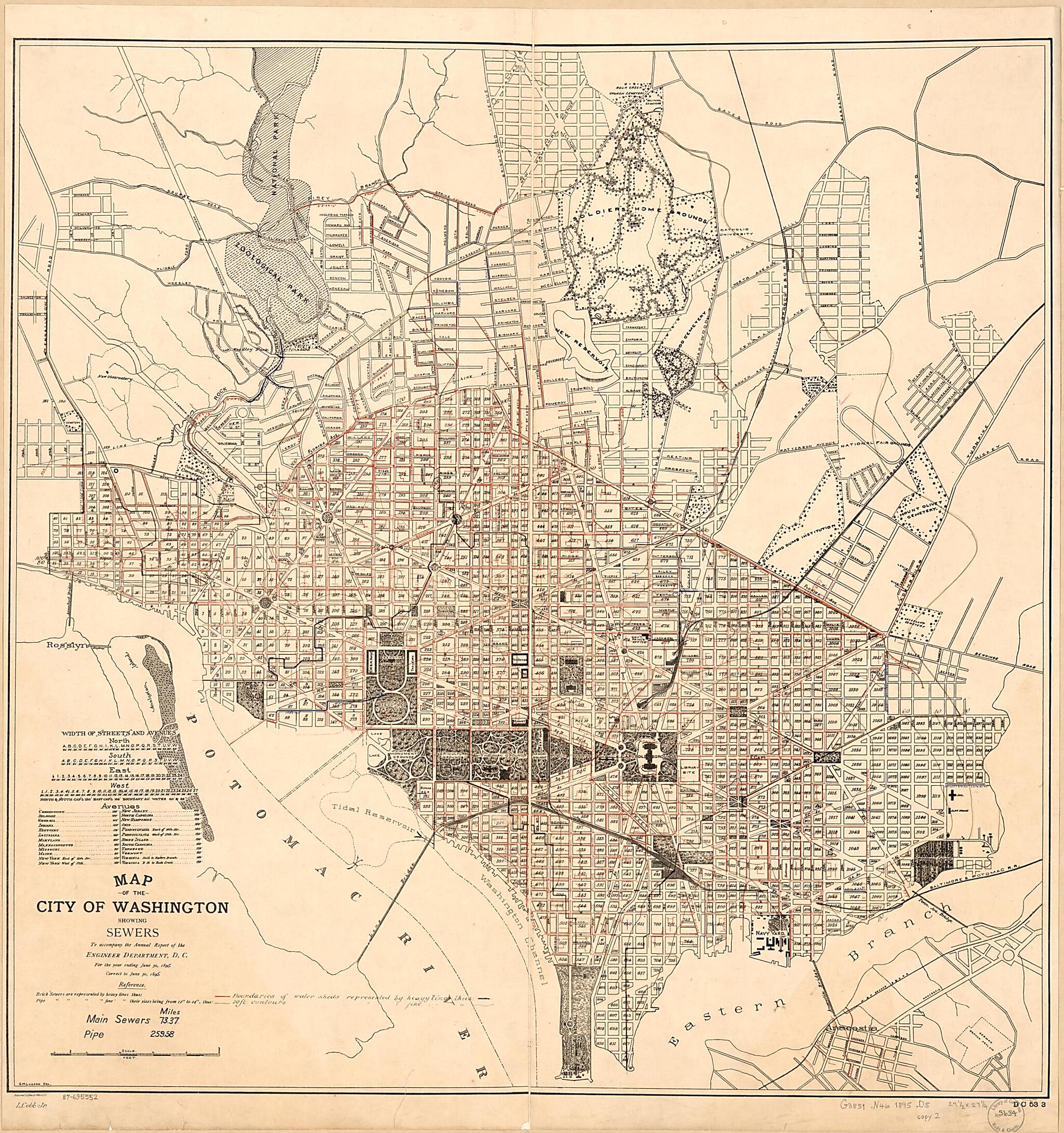 This old map of Map of the City of Washington Showing Sewers : to Accompany the Annual Report of the Engineer Department, D.C., for the Year Ending June 30, 1894 from 1895 was created by L. Cobb,  District of Columbia. Engineer Department, G. M. Lukesh i