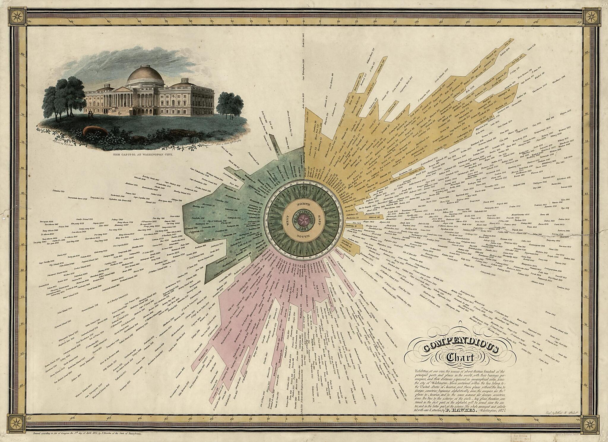 This old map of Compendious Chart Exhibiting, at One View, the Names of About Thirteen Hundred of the Principal Ports and Places In the World, With Their Bearings Per Compass, and Their Distances Expressed In Geographical Miles, from the City of Washingt