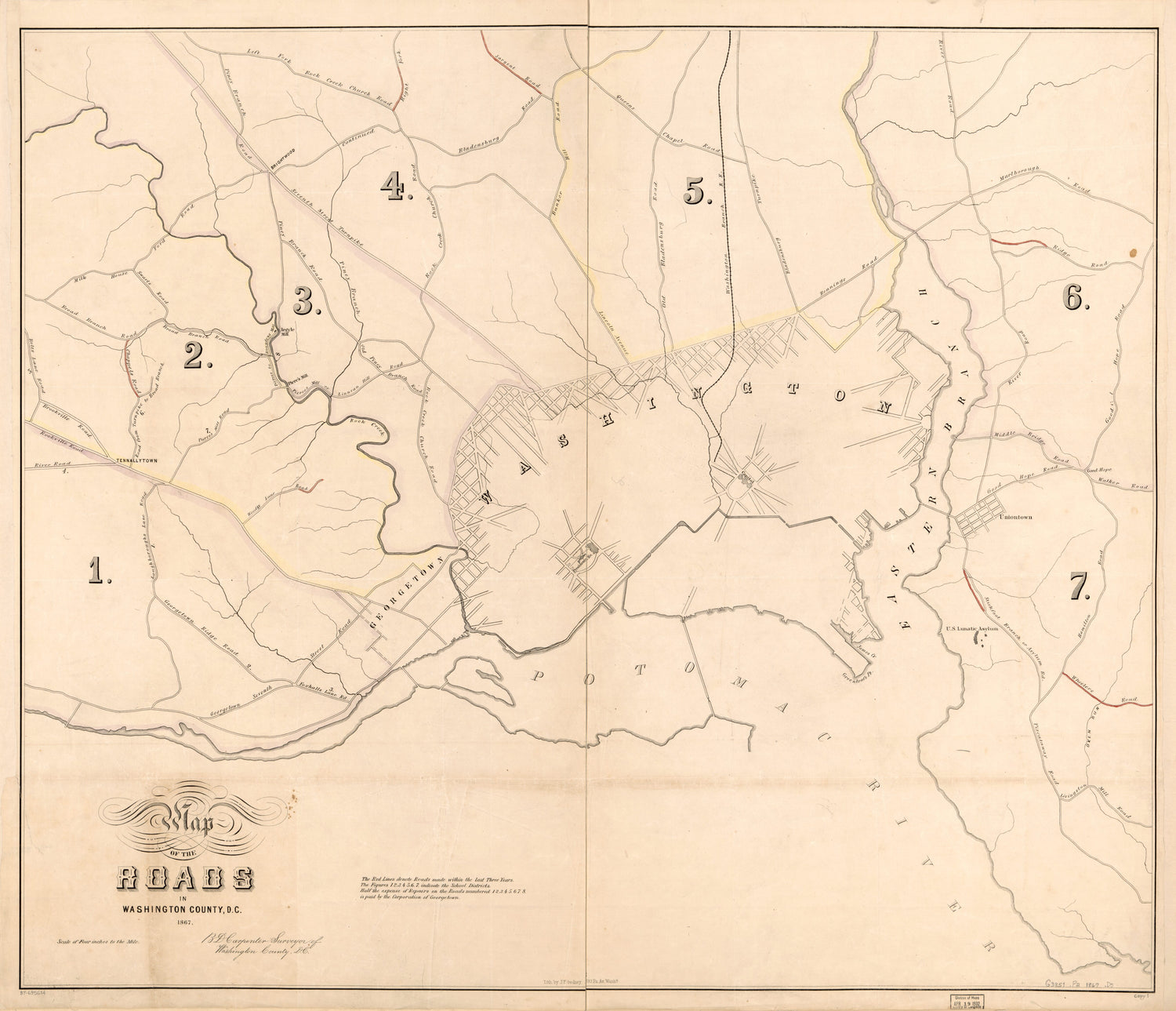 This old map of Map of the Roads In Washington County, D.C from 1867 was created by B. D. (Benjamin D.) Carpenter,  District of Columbia. Office of the Surveyor in 1867