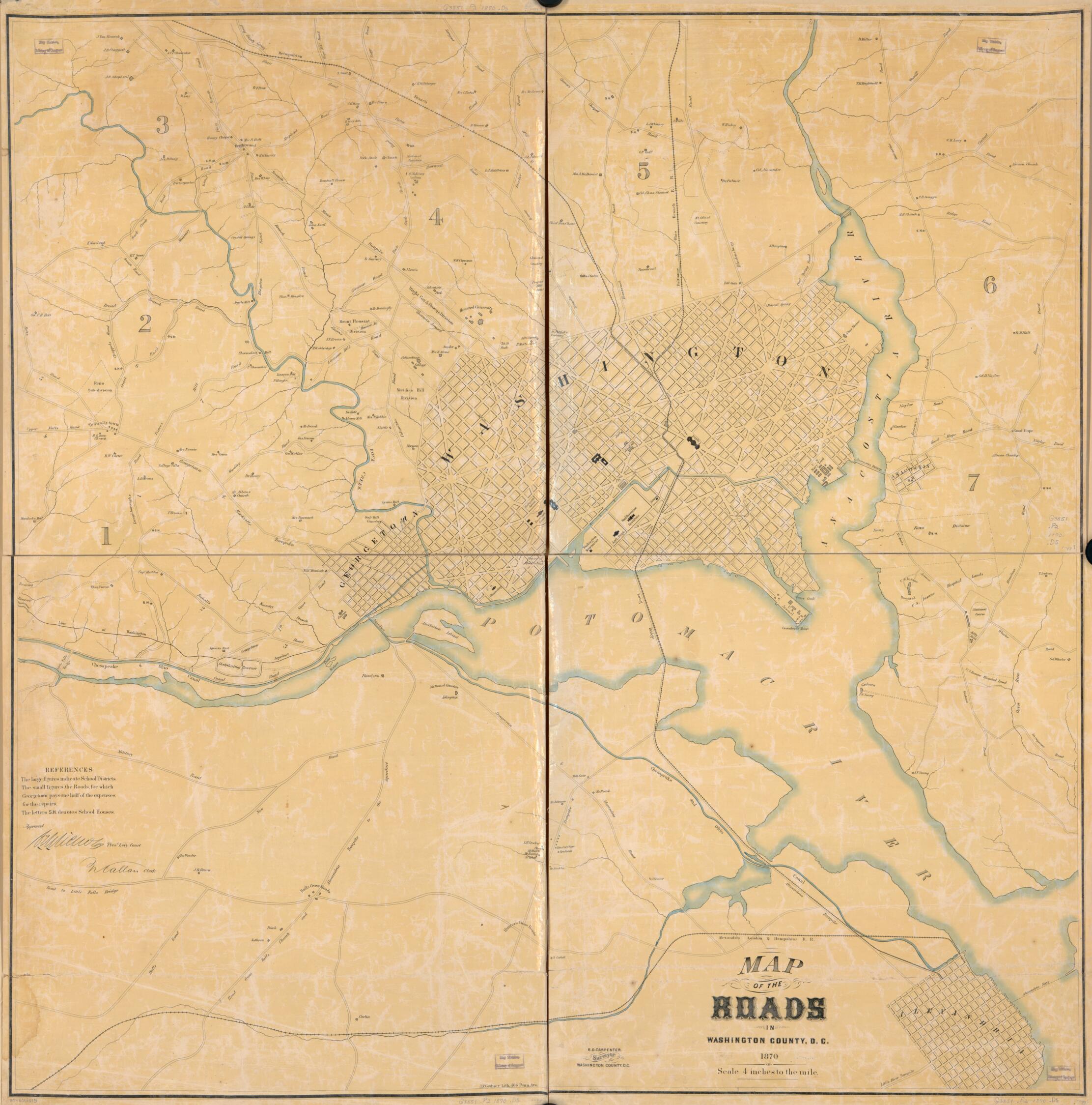 This old map of Map of the Roads In Washington County, D.C from 1870 was created by B. D. (Benjamin D.) Carpenter,  District of Columbia. Office of the Surveyor in 1870