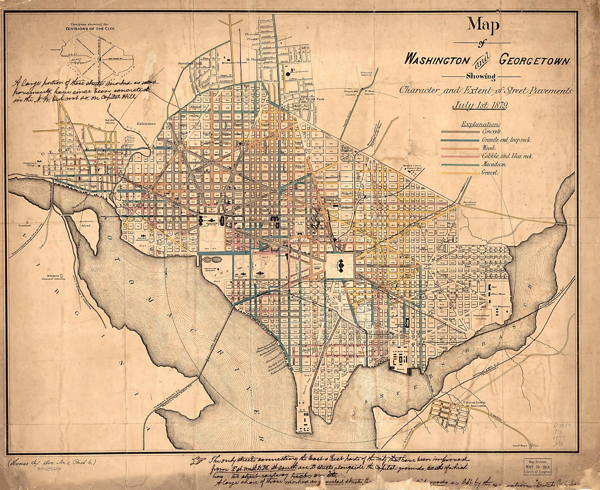 This old map of Map of Washington and Georgetown Showing Character and Extent of Street Pavements : July 1st from 1879 was created by  in 1879