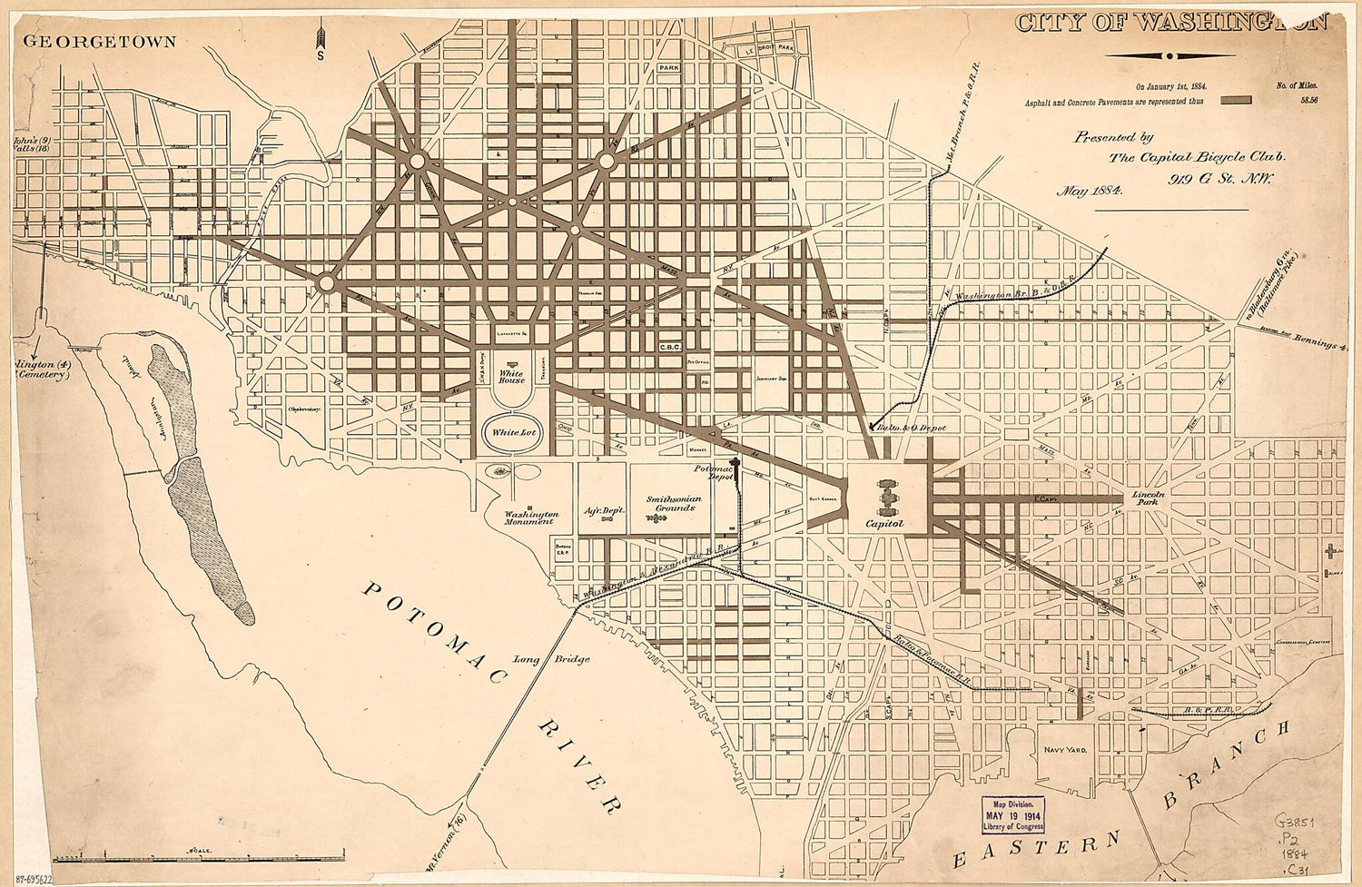 This old map of City of Washington from 1884 was created by  Capital Bicycle Club in 1884