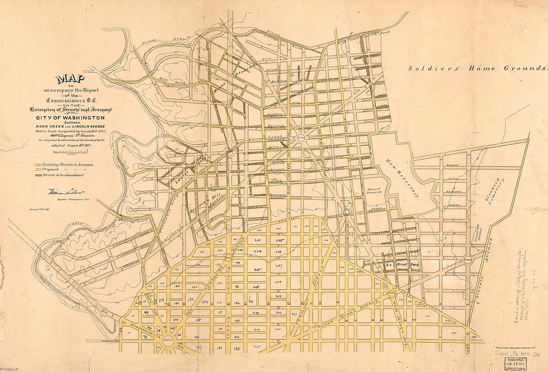 This old map of Map to Accompany the Report of the Commissioners D.C. On the Extension of Streets and Avenues of the City of Washington Between Rock Creek and Lincoln Avenue : Within Limits Designated by Senate Bill 2201, 49th Congress, 1st Session, In R