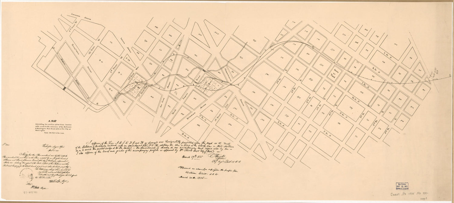 This old map of A Map Exhibiting the Position of Two Lines Located With a View to the Extension of the Baltimore &amp; Washington Rail Road Within the City of Washington from 1835 was created by  District of Columbia. Office of the Surveyor, J. (Jonathan) Kn