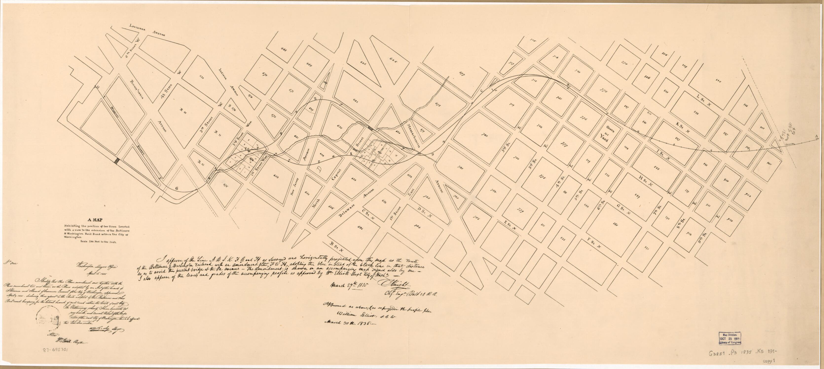 This old map of A Map Exhibiting the Position of Two Lines Located With a View to the Extension of the Baltimore &amp; Washington Rail Road Within the City of Washington from 1835 was created by  District of Columbia. Office of the Surveyor, J. (Jonathan) Kn