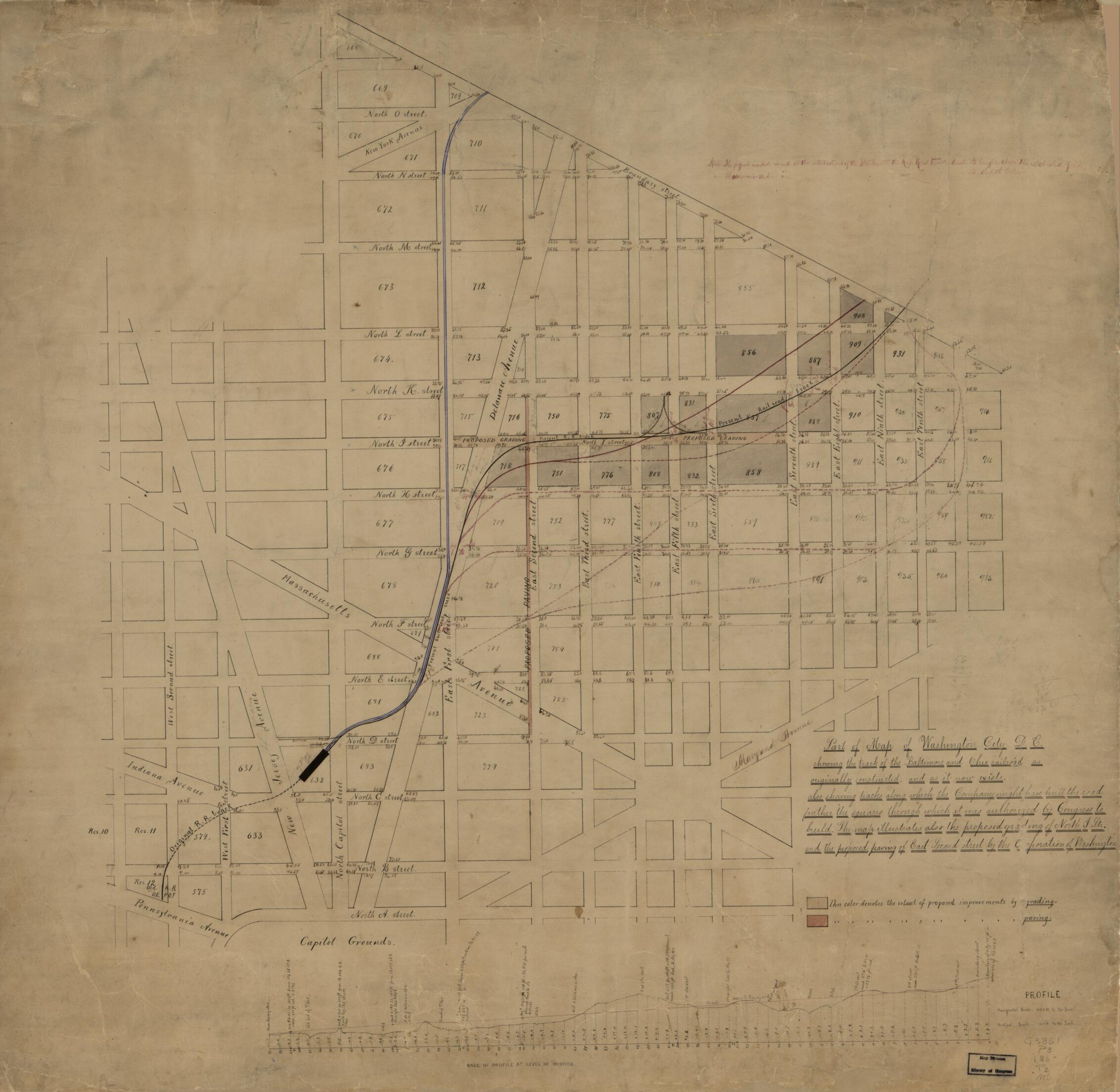 This old map of Part of Map of Washington City D.C. Showing the Track of the Baltimore and Ohio Railroad As Originally Constructed and As It Now Exists : Also Showing Tracks Along Which the Company Might Have Built the Road.. and the Proposed Paving of E
