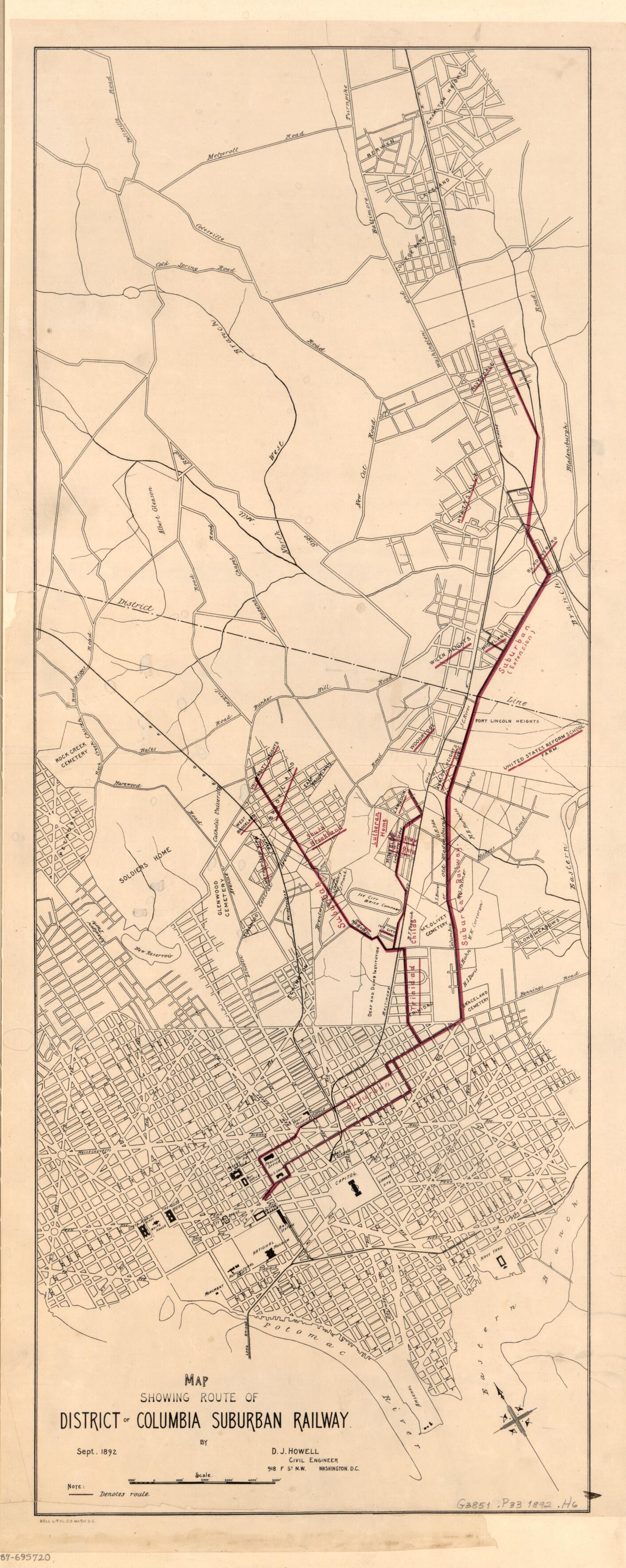 This old map of Map Showing Route of District of Columbia Suburban Railway : Sept. from 1892 was created by D. J. Howell in 1892