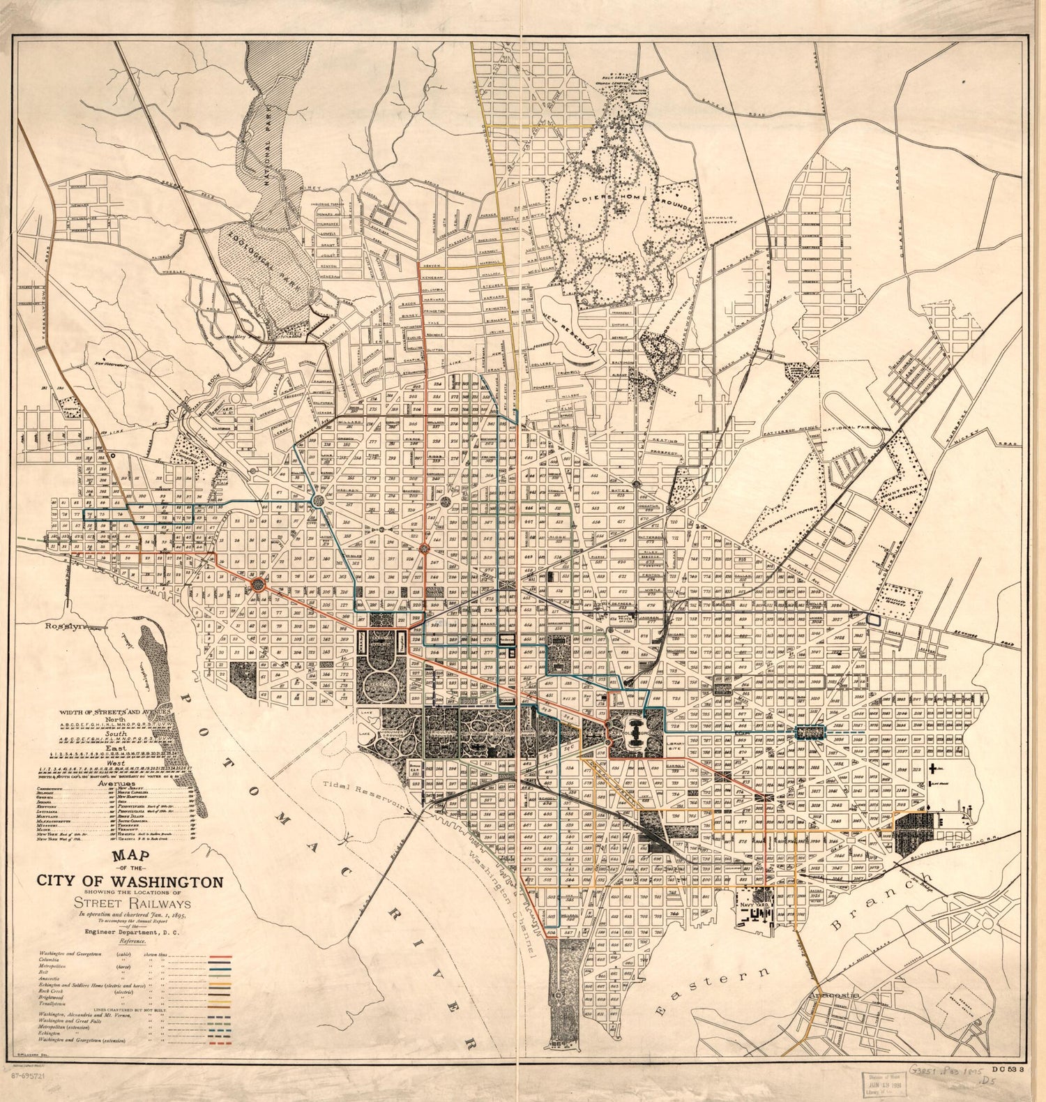 This old map of Map of the City of Washington Showing the Locations of Street Railways In Operation and Chartered Jan. 1, from 1895 : to Accompany the Annual Report of the Engineer Department, D.C was created by  District of Columbia. Engineer Department, G. M. Lukesh in 1895