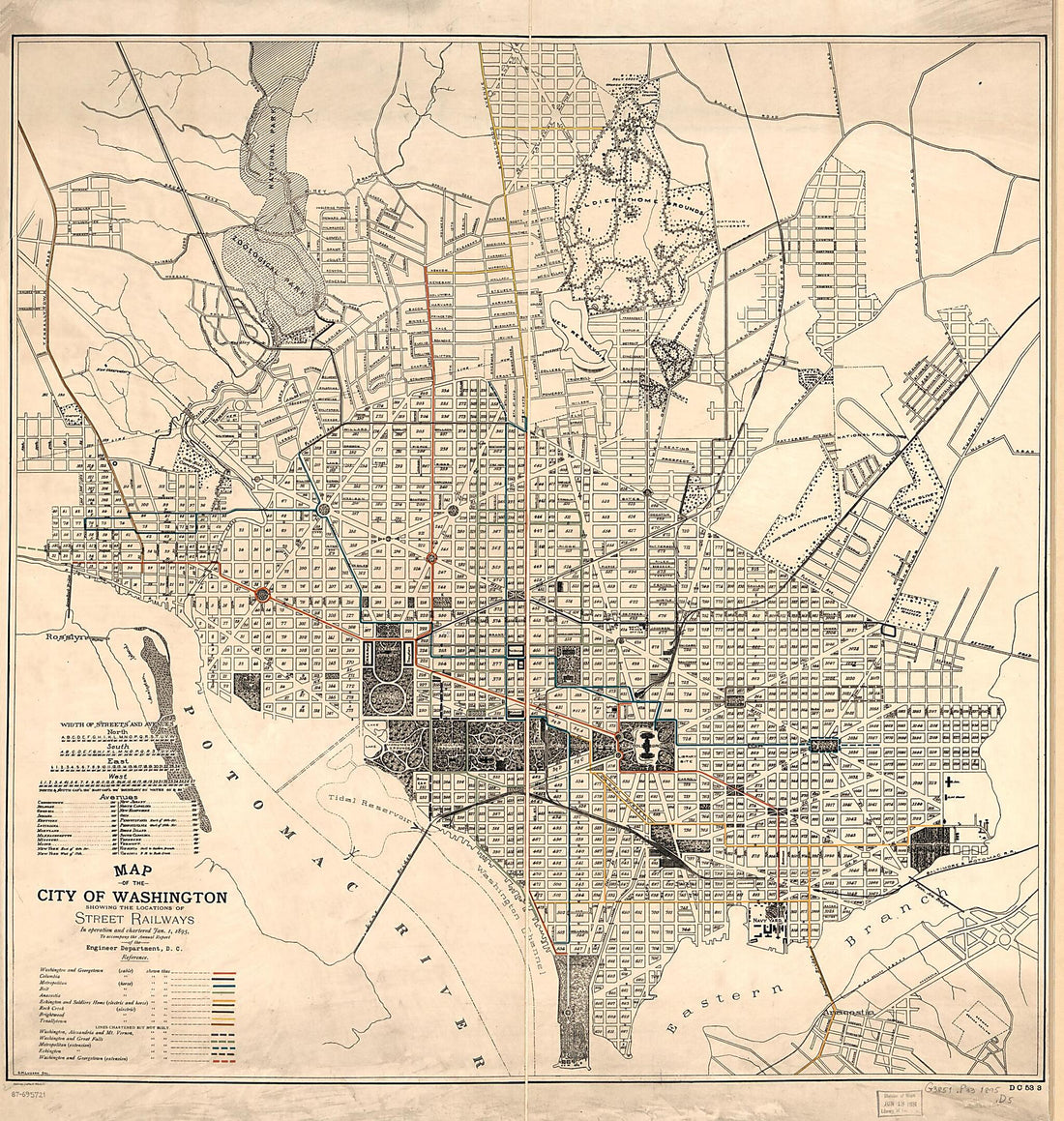 This old map of Map of the City of Washington Showing the Locations of Street Railways In Operation and Chartered Jan. 1, from 1895 : to Accompany the Annual Report of the Engineer Department, D.C was created by  District of Columbia. Engineer Department