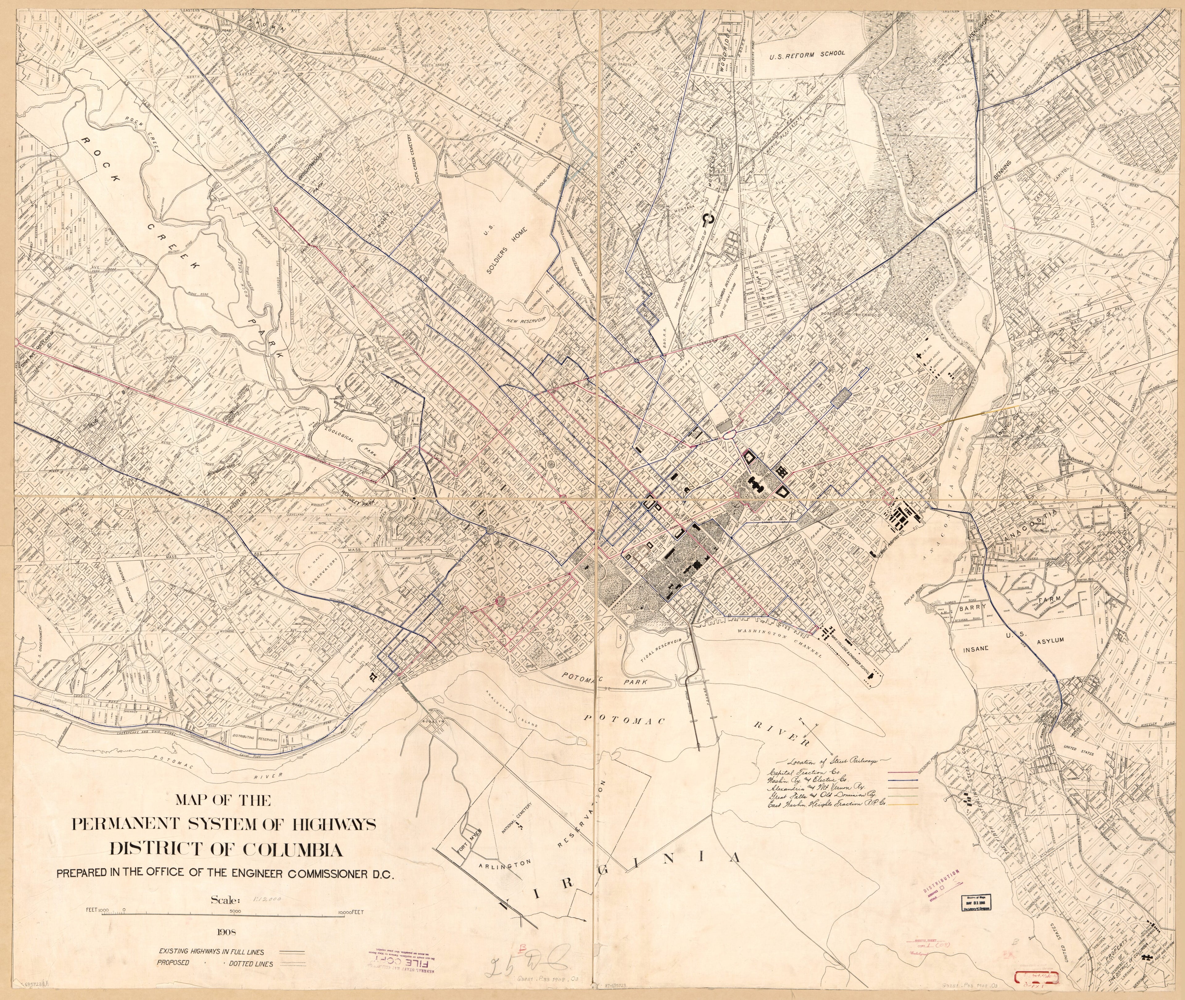 This old map of Map of the Permanent System of Highways, District of Columbia from 1908 was created by  Office of the Engineer Commissioner D.C. in 1908