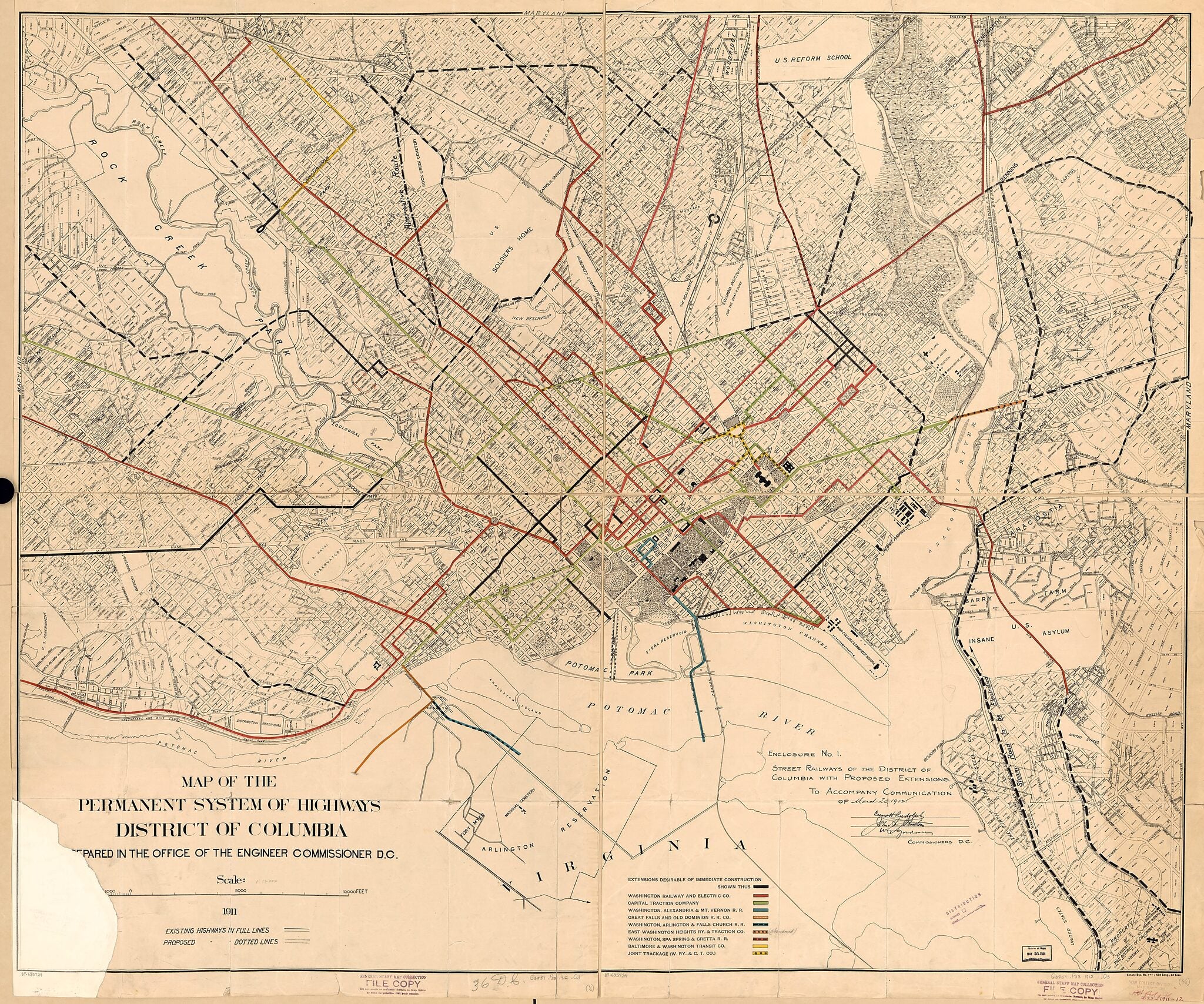 This old map of Street Railways of the District of Columbia With Proposed Extensions : to Accompany Communication of March 20, from 1912 was created by  District of Columbia. Board of Commissioners,  Office of the Engineer Commissioner D.C.,  United Stat