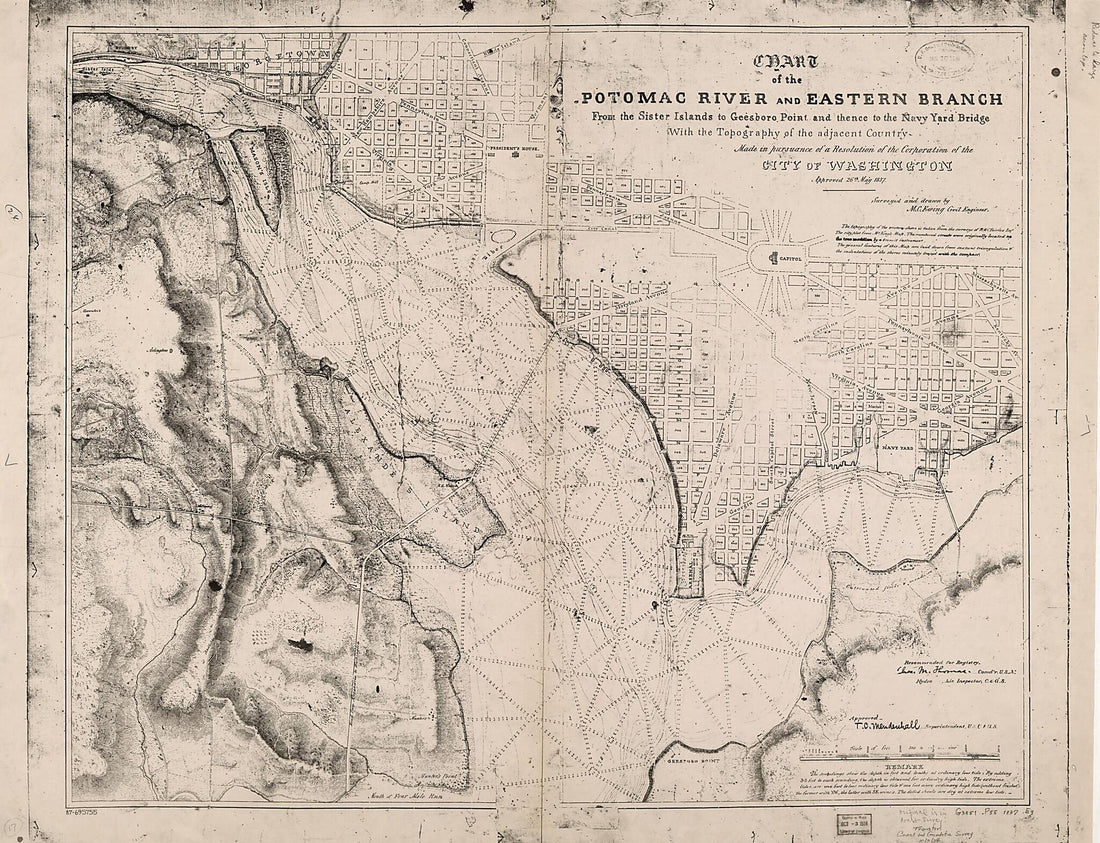 This old map of Chart of the Potomac River and Eastern Branch from the Sister Islands to Geesboro Point and Thence to the Navy Yard Bridge : With the Topography of the Adjacent Country : Made In Pursuance of a Resolution of the Corporation of the City of